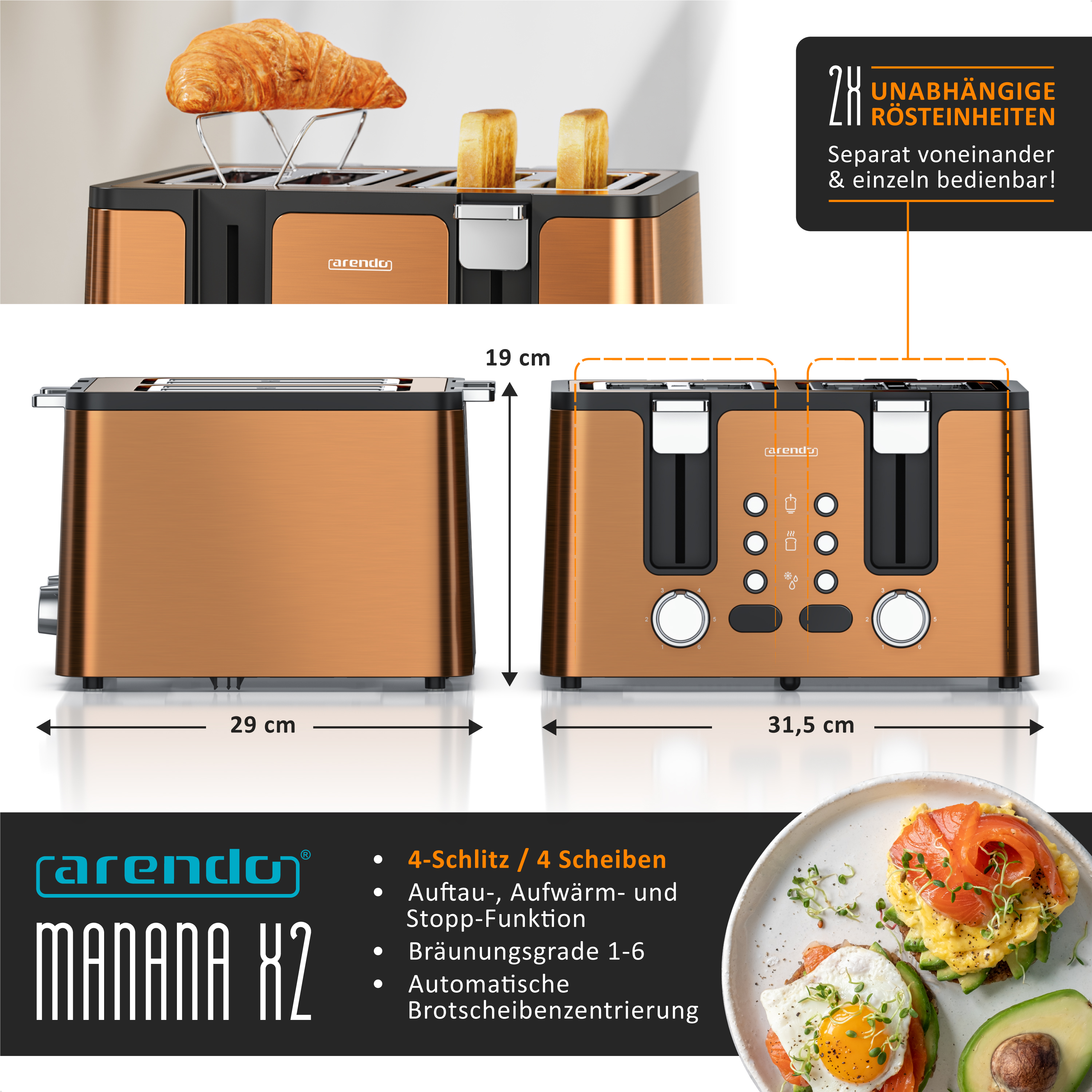Ein bronzefarbener Toaster mit vier Schlitzen, daneben Maße und Produktmerkmale.