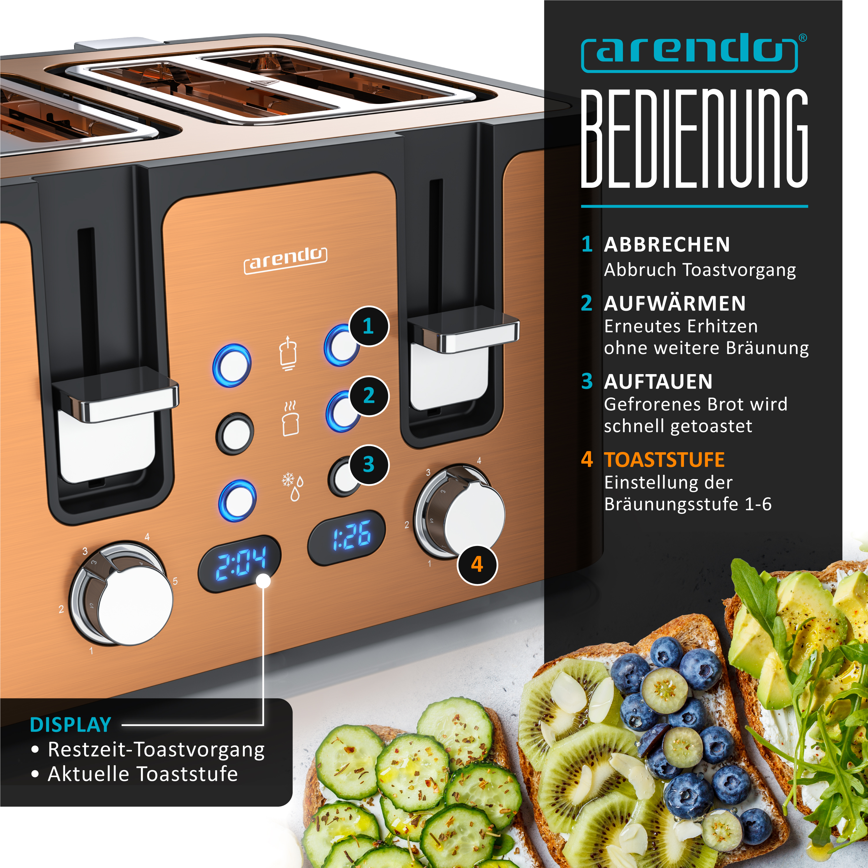 Ein kupferfarbener Toaster mit digitalen Anzeigen und Bedienelementen.