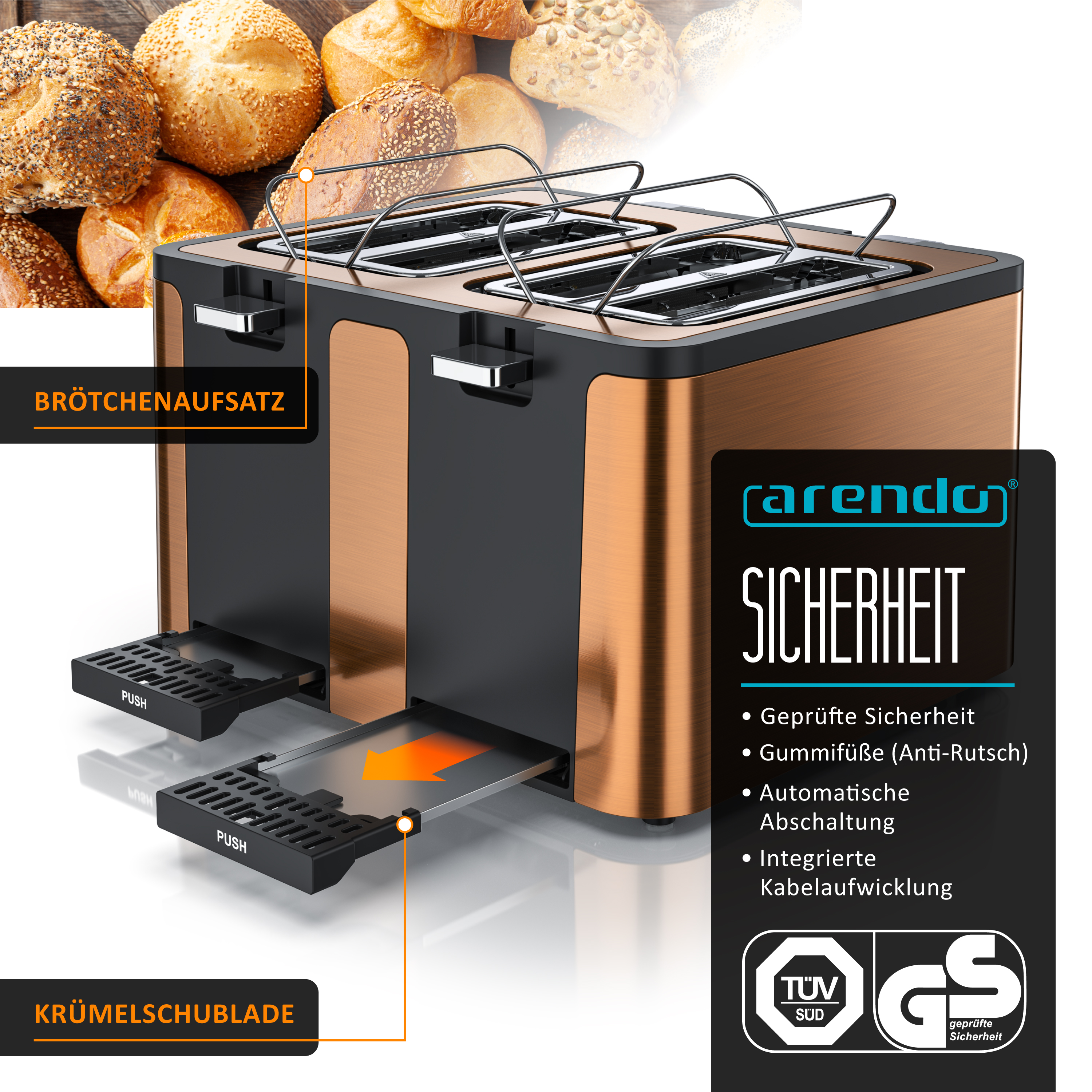 Ein moderner Toaster mit Kupferdetails, Krümelschublade und Brötchenaufsatz.
