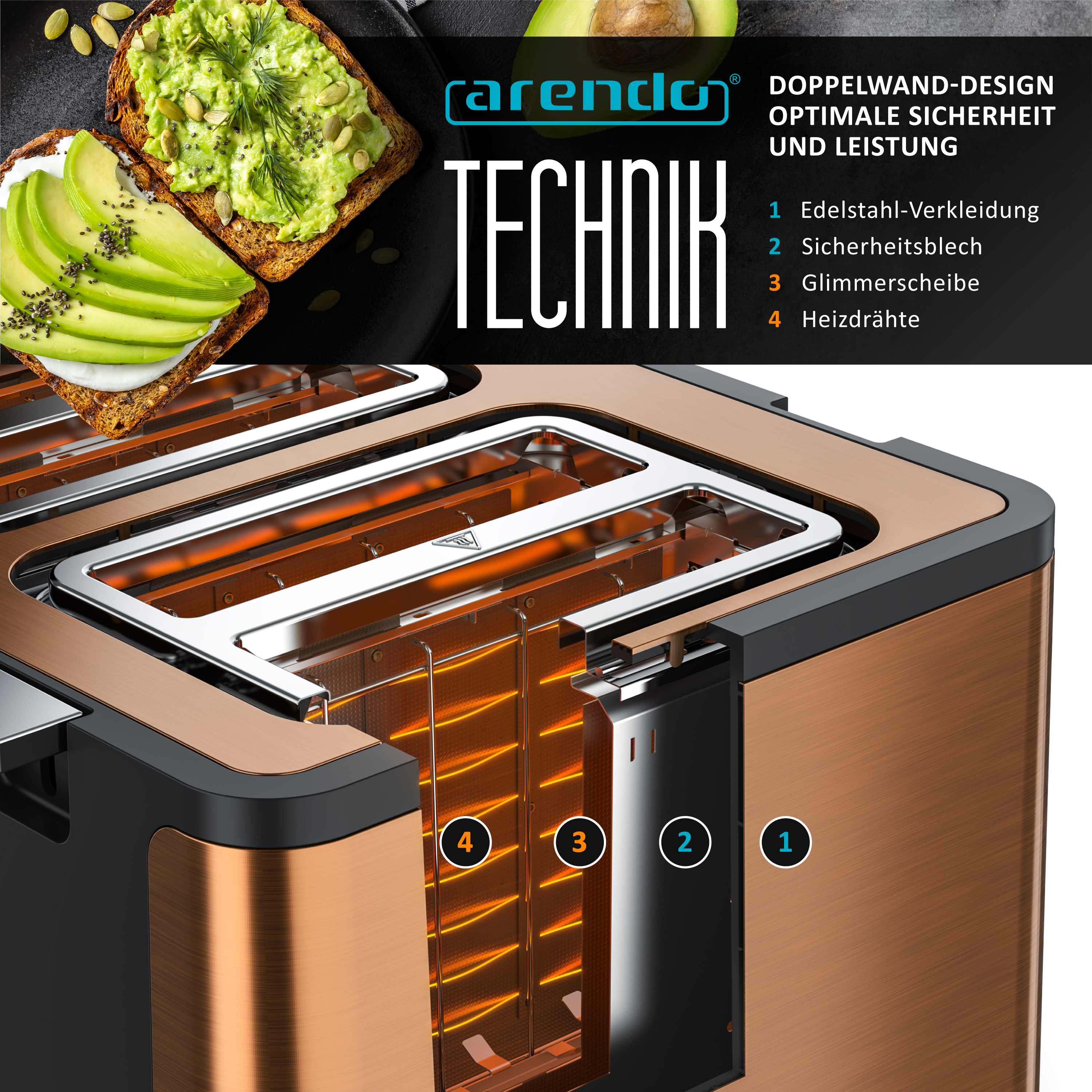 Moderner Toaster aus Kupfer und Edelstahl mit detaillierter Innenansicht.