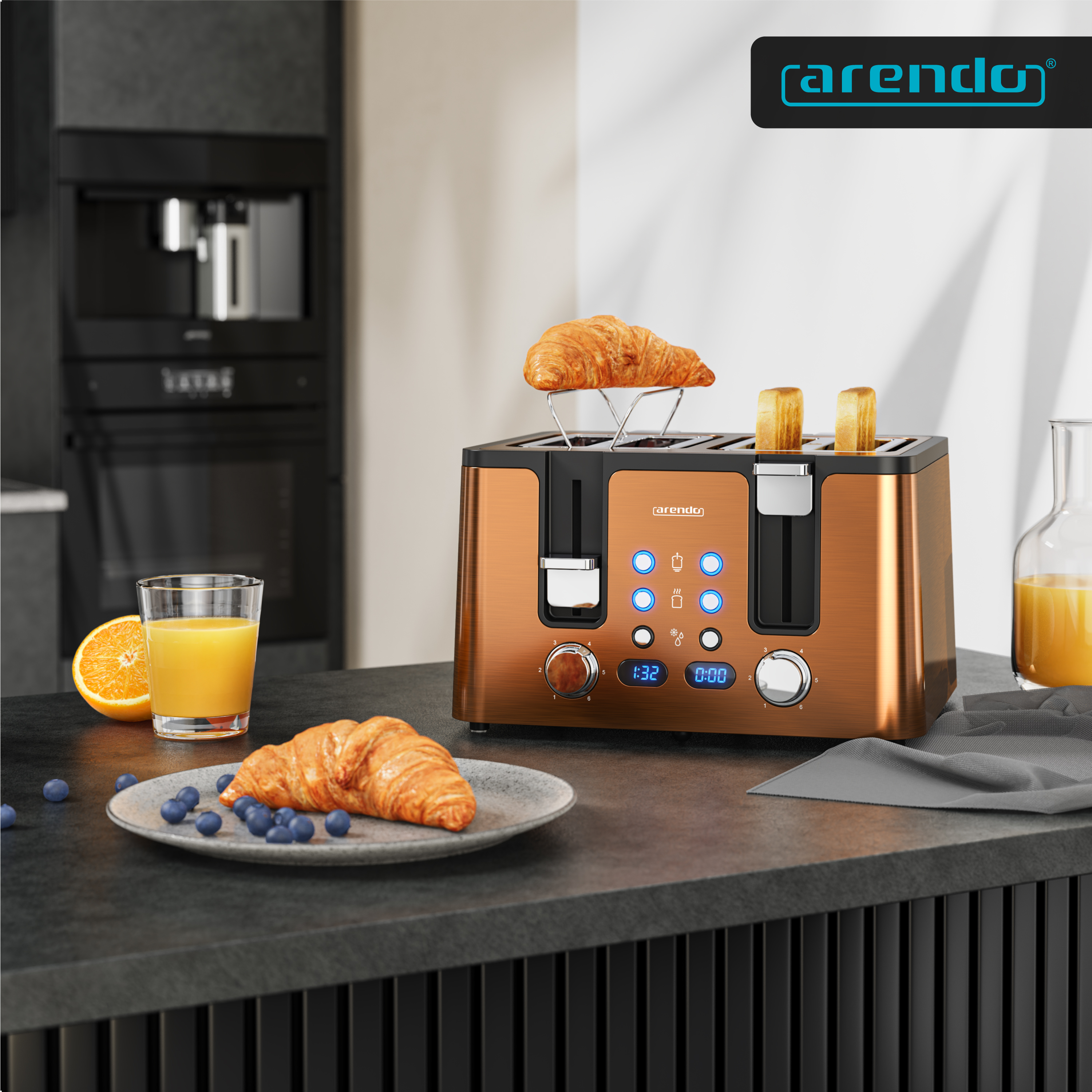 Ein bronzefarbener Toaster mit Croissants und Orangensaft.