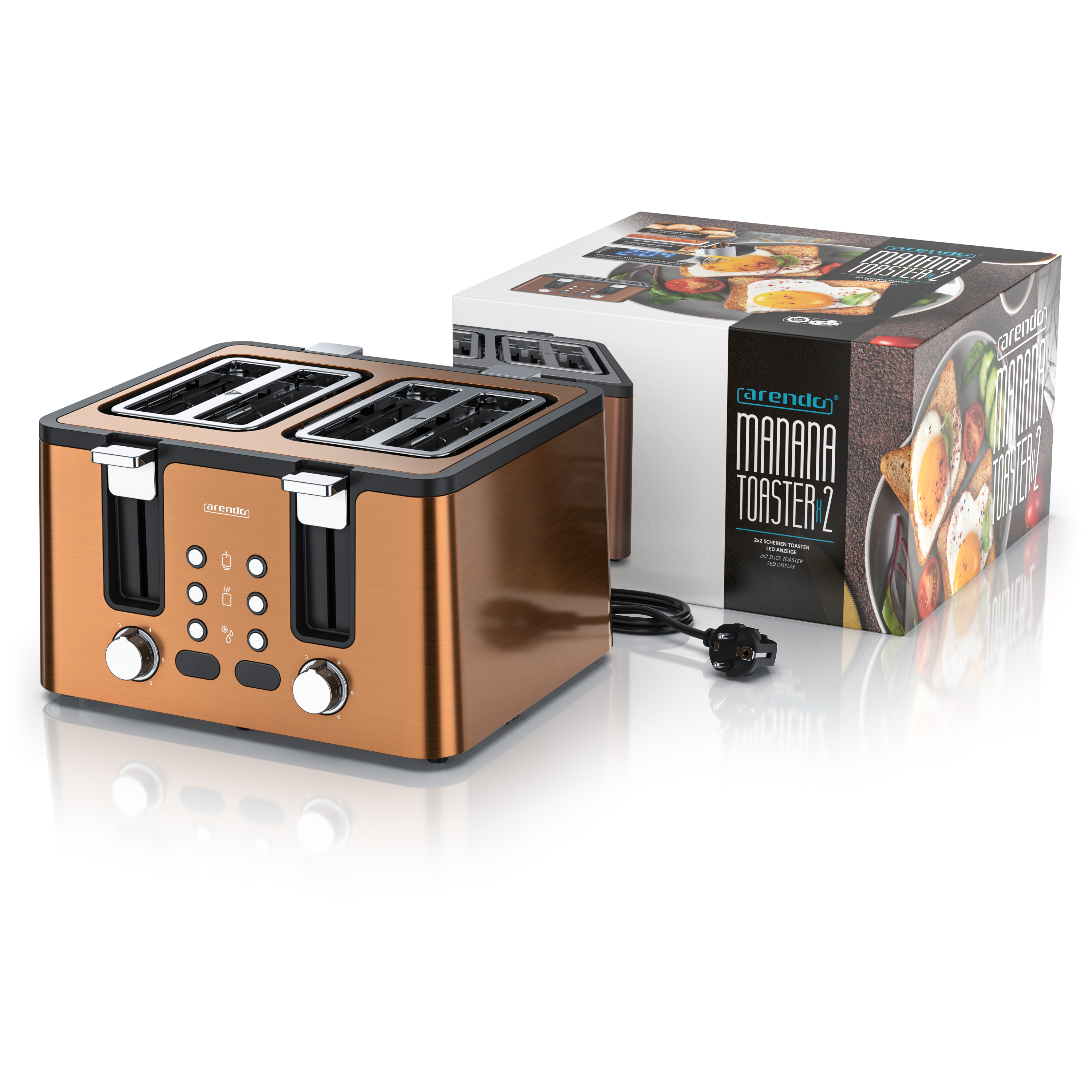 Ein kupferfarbener 4-Schlitz-Toaster mit silbernen Hebeln und Knöpfen neben seiner Verpackung.