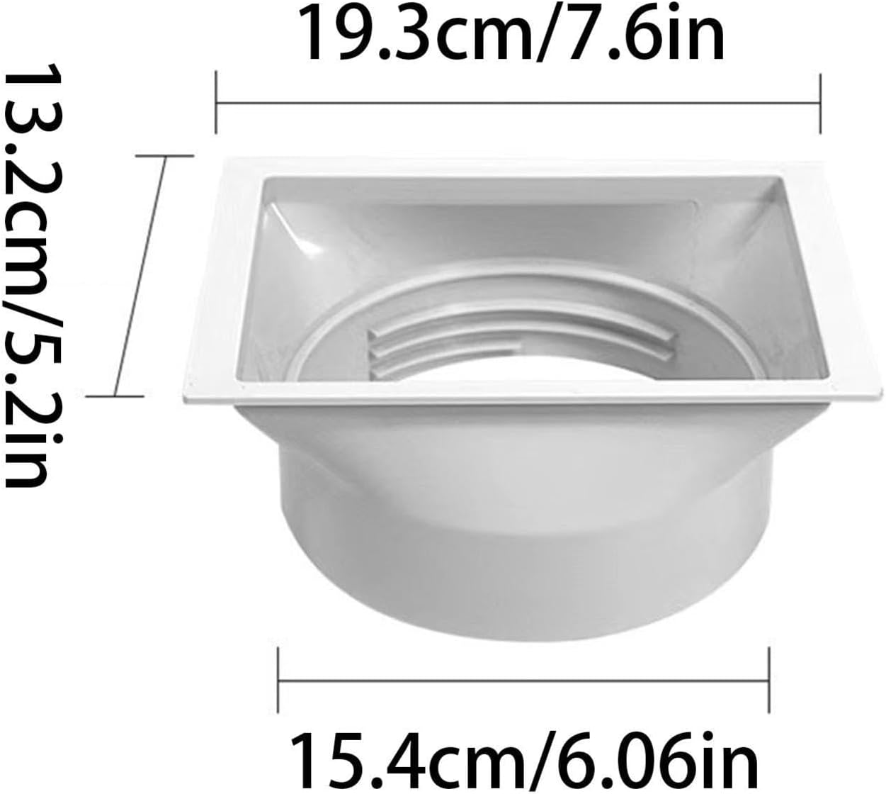 Weiße Abflussrohr-Erweiterung mit Maßen 19,3 cm x 13,2 cm.