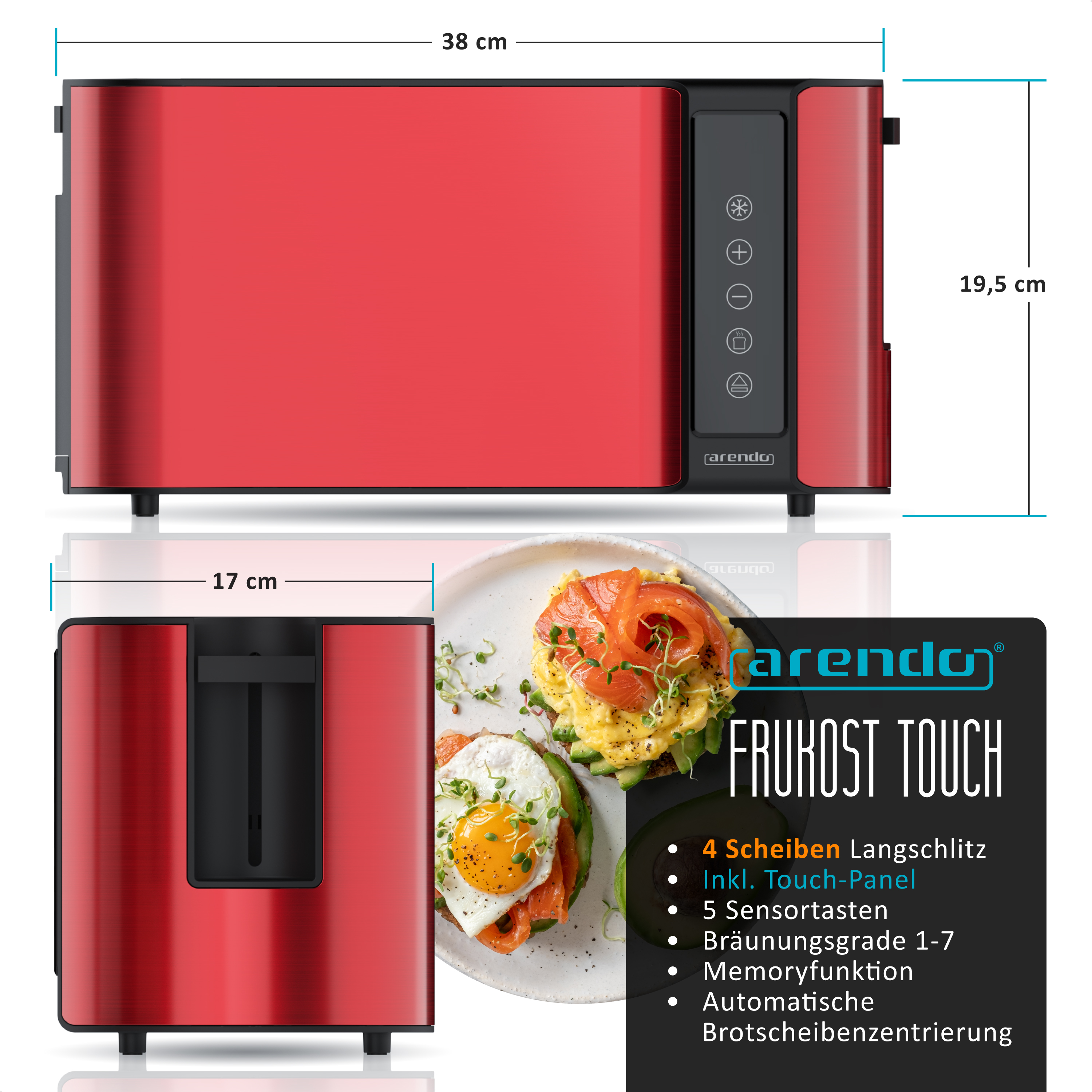 Ein roter Toaster mit Maßen, daneben ein Toast mit Lachs und Ei.