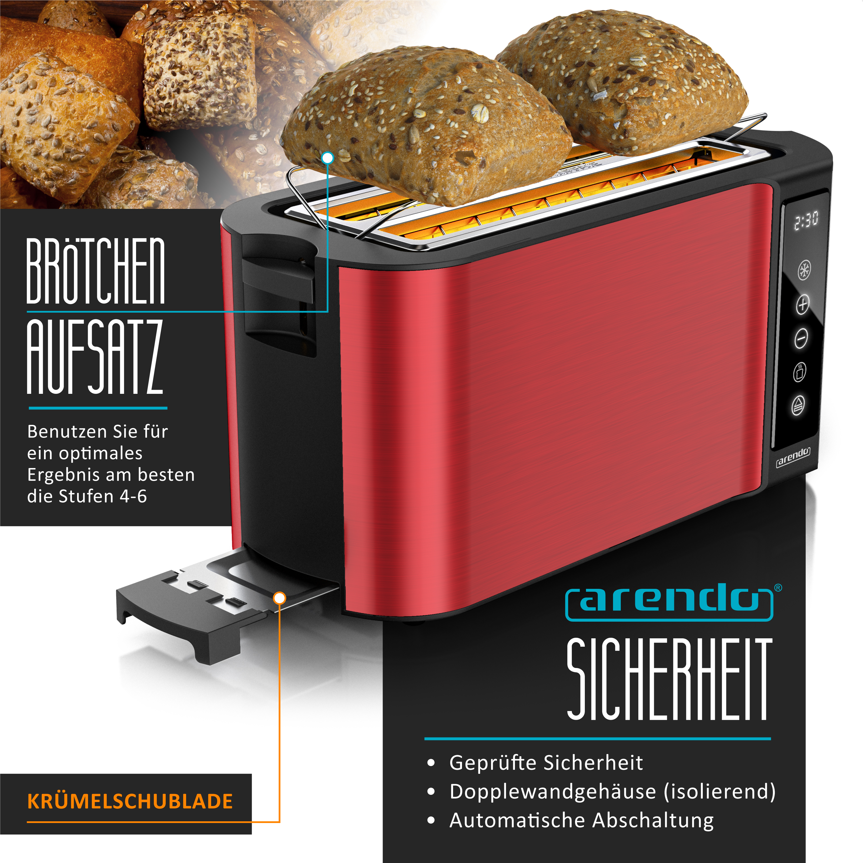 Roter Toaster mit Brötchenaufsatz und Brot.