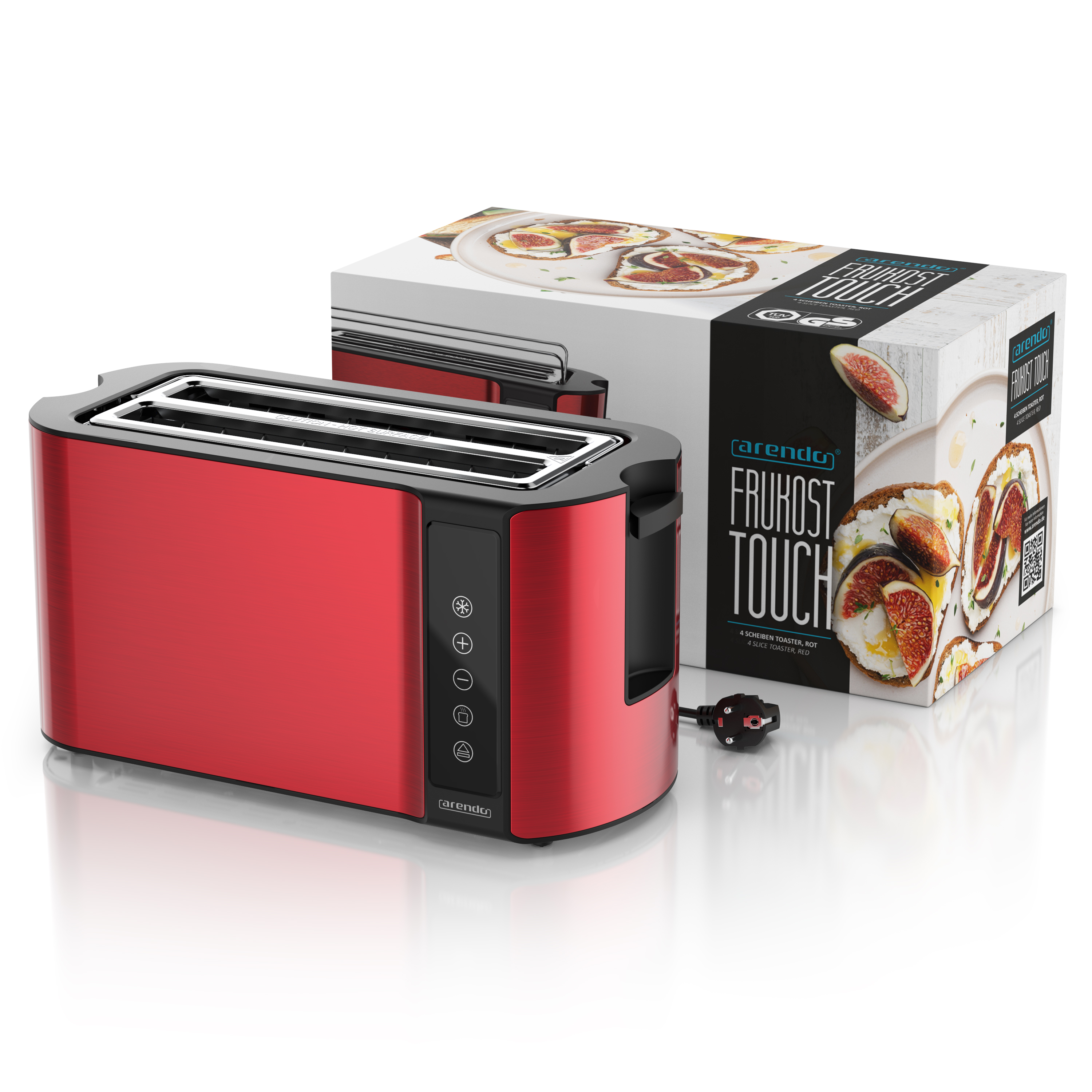 Ein roter 4-Scheiben-Toaster mit Verpackung, darauf Abbildungen von Toast mit Feigen.