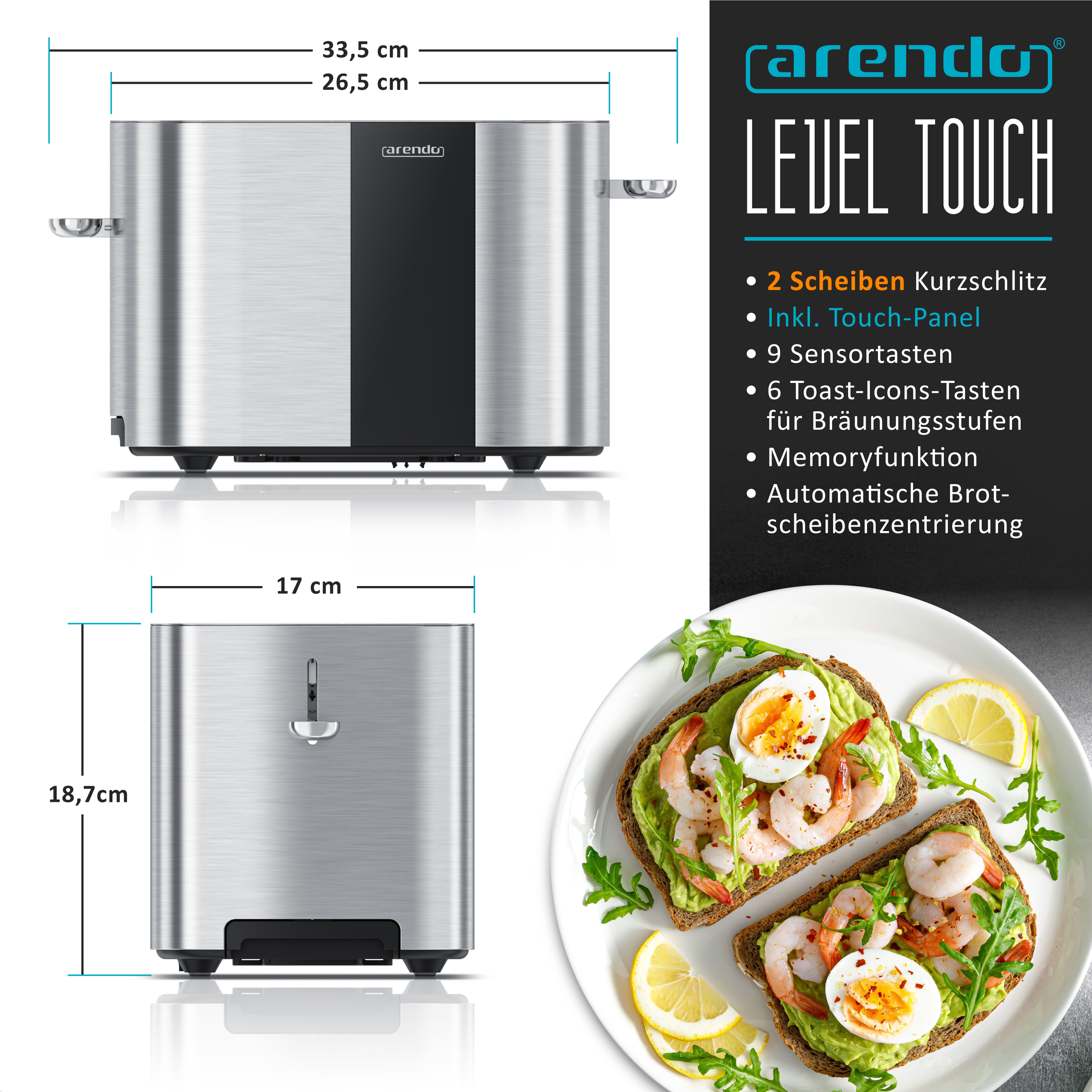 Ein silberner Toaster mit Touch-Panel und daneben ein Avocado-Toast mit Garnelen und Ei.