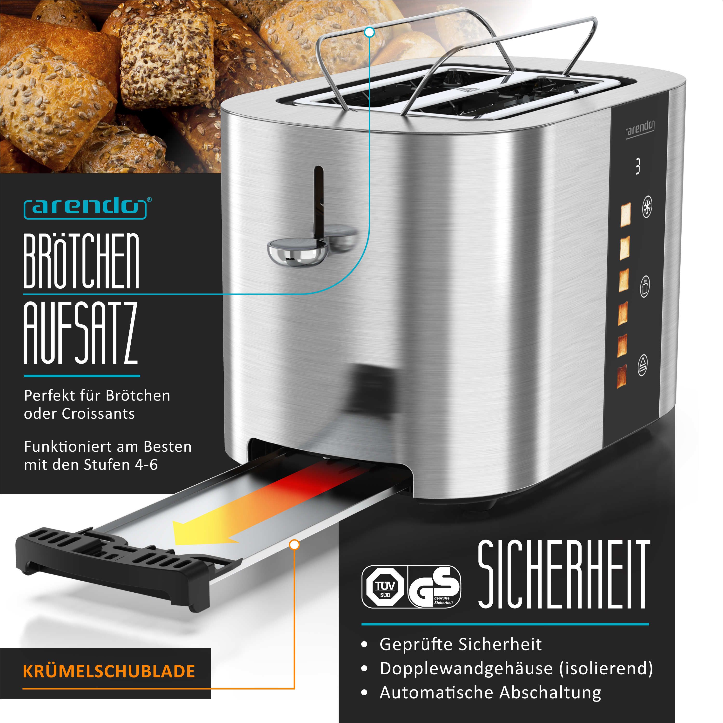 Ein silberner Toaster mit Brötchenaufsatz und Broten im Hintergrund.
