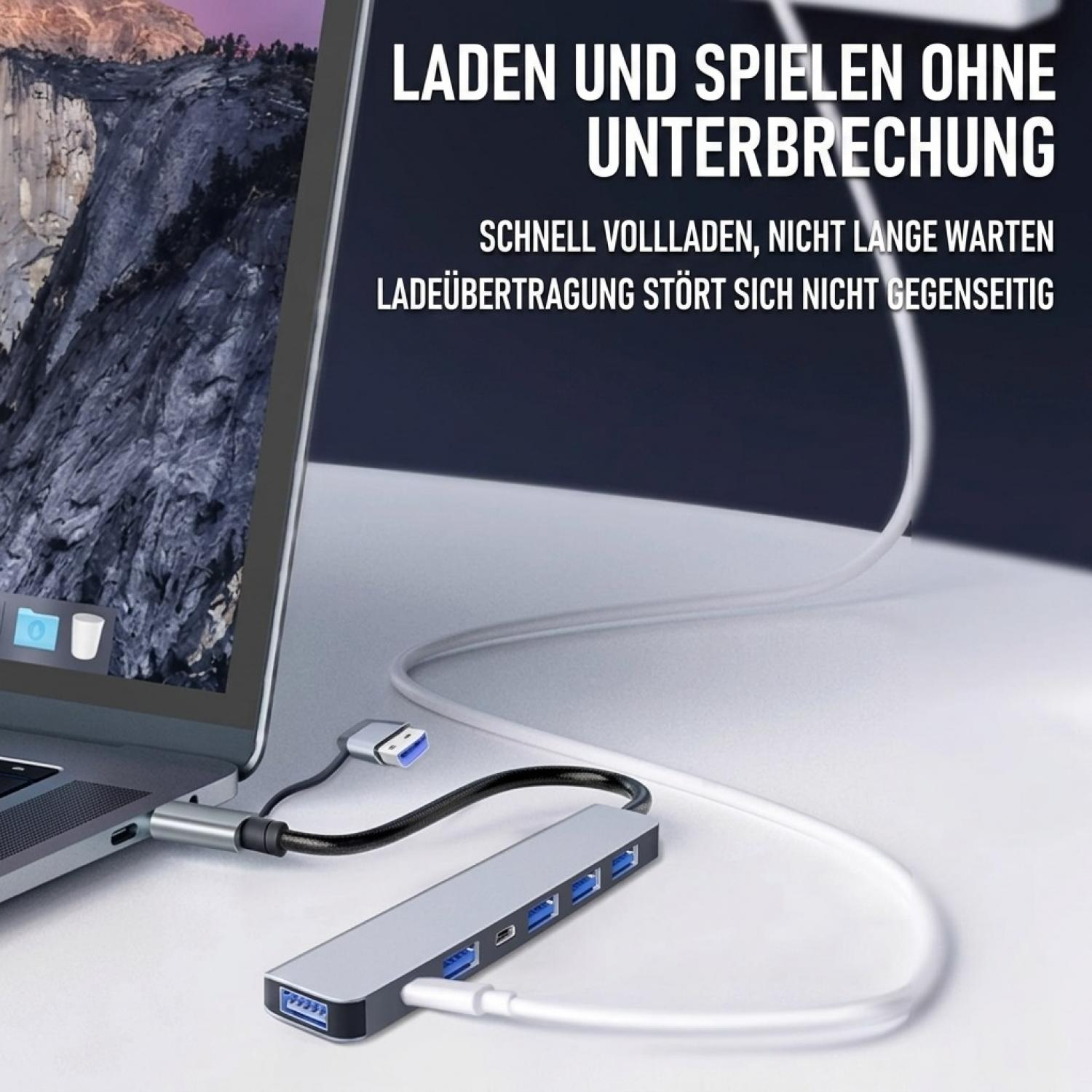 Ein Laptop ist mit einem USB-C-Hub verbunden, der über mehrere Anschlüsse verfügt.