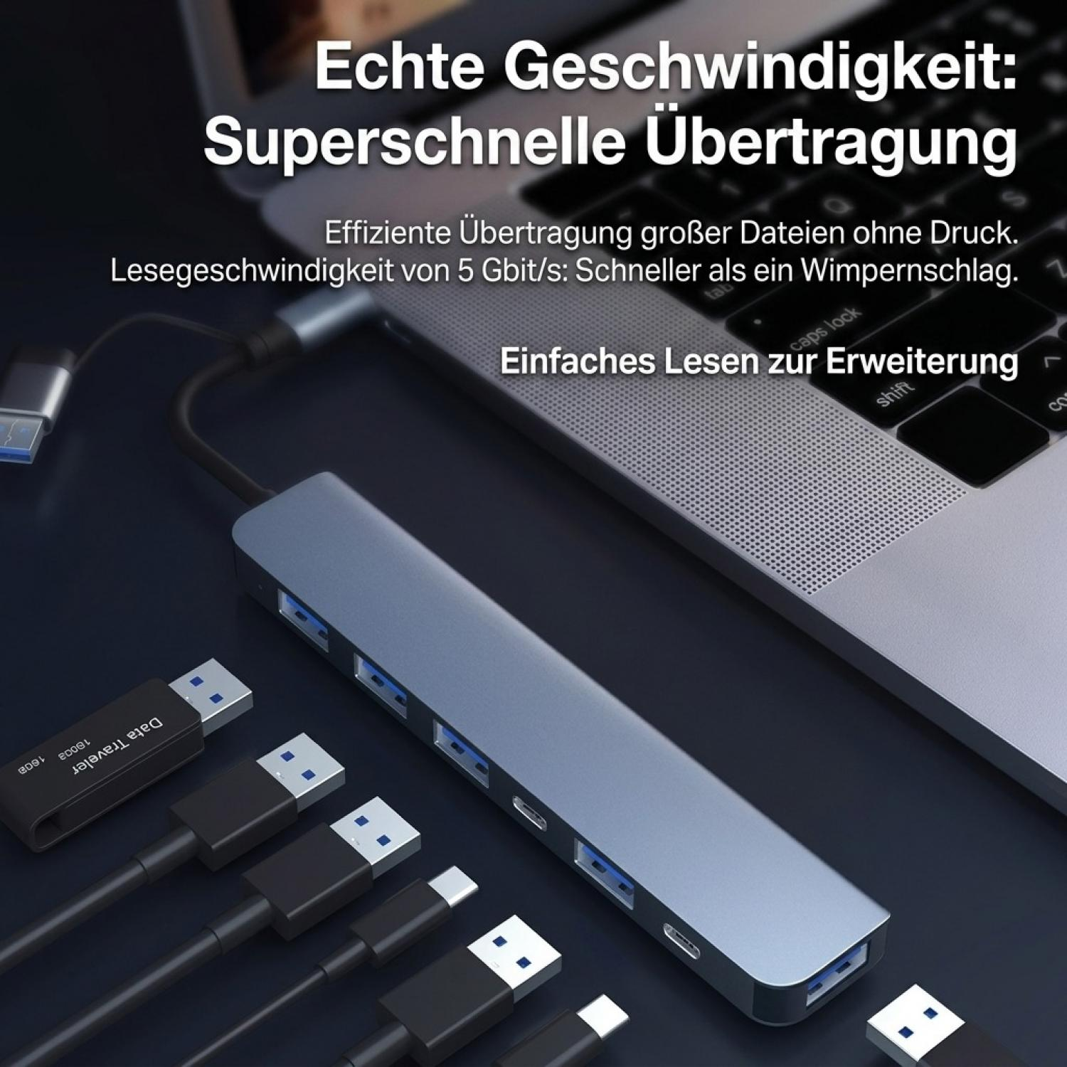 Ein USB-Hub mit mehreren Anschlüssen und Kabeln, daneben ein Laptop.