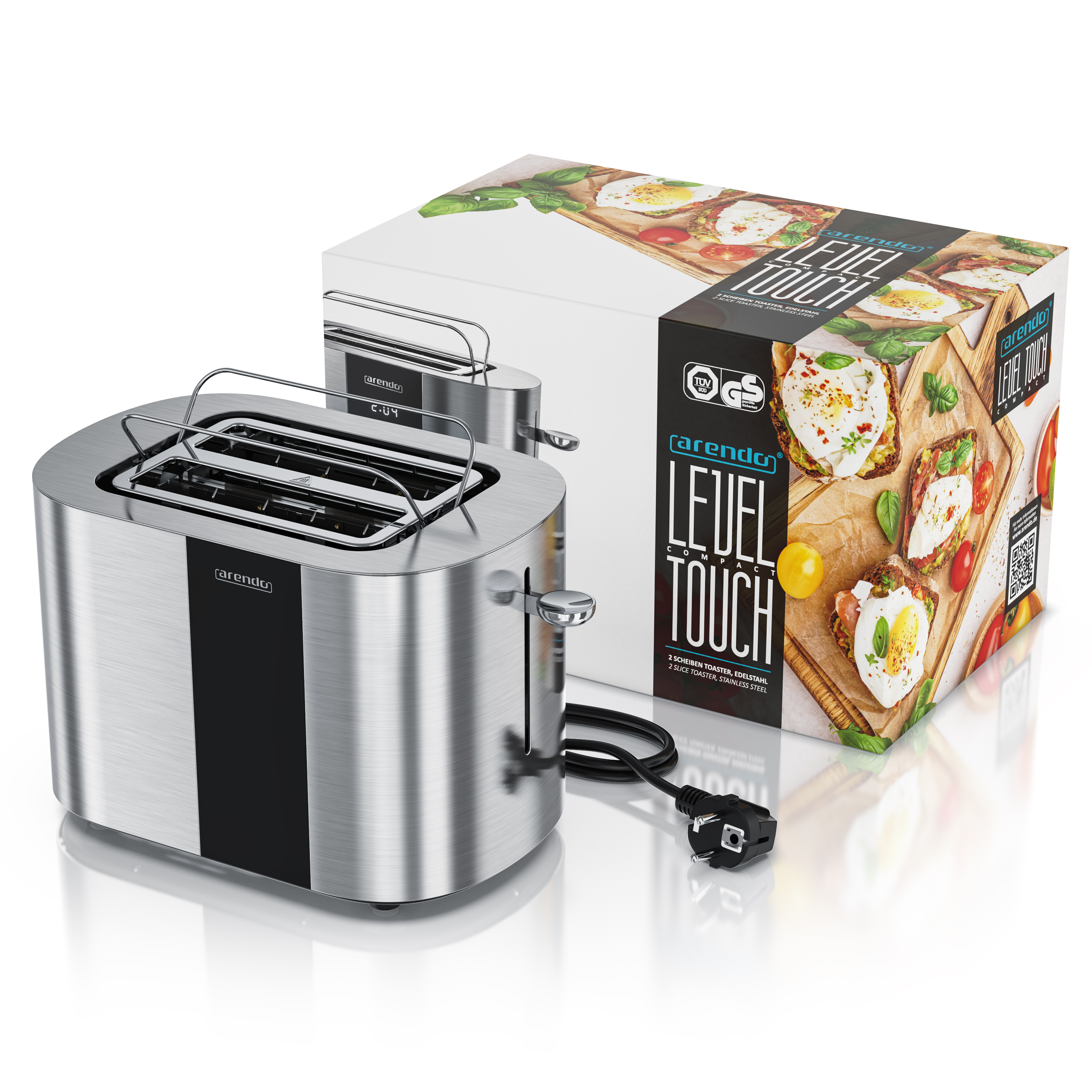 Ein silberner Toaster mit schwarzem Detail und eine Produktverpackung daneben.