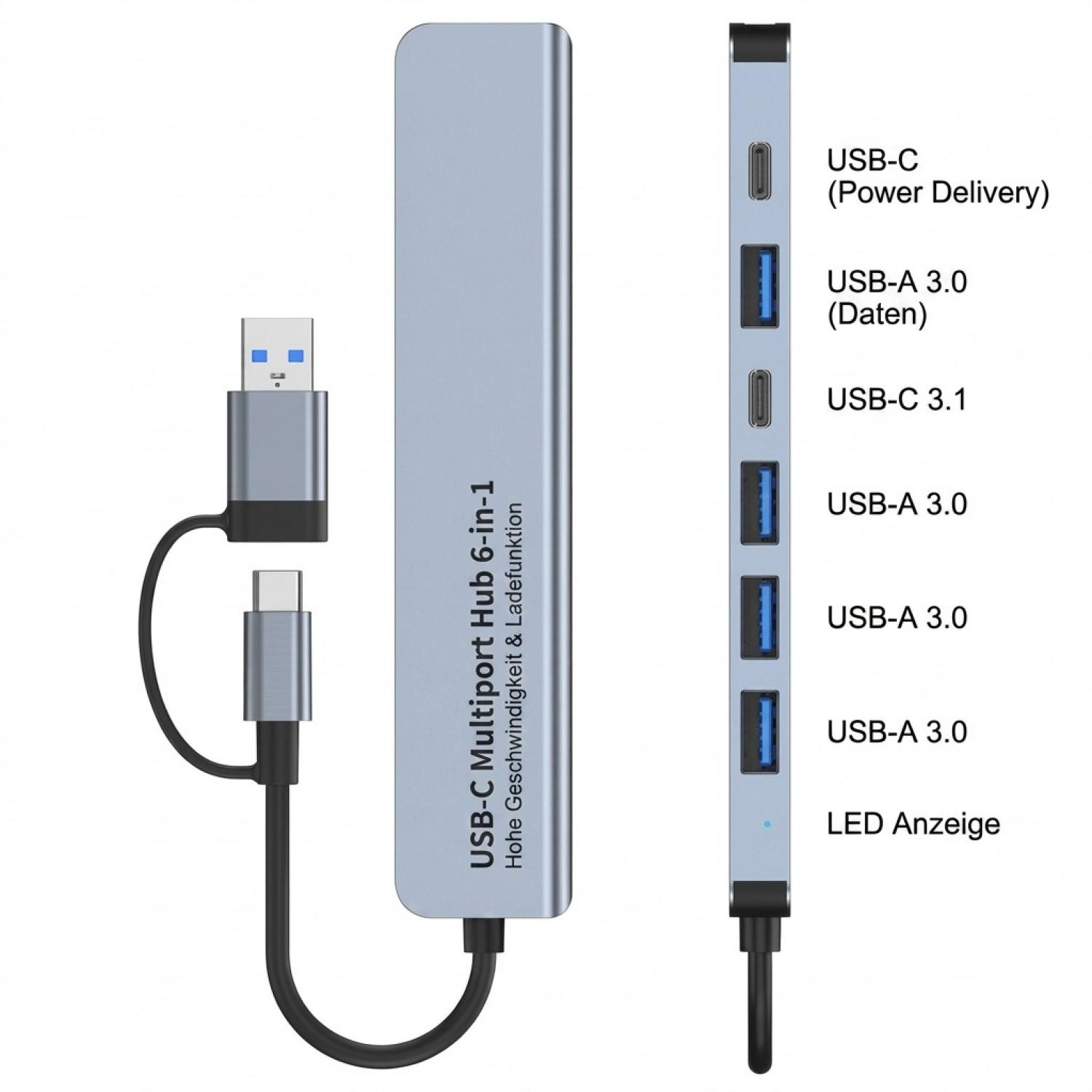 Silberner USB-C-Hub mit zwei Kabeln. Beschriftete Anschlüsse: USB-C PD, USB-A 3.0, USB-C 3.1, USB-A 3.0.