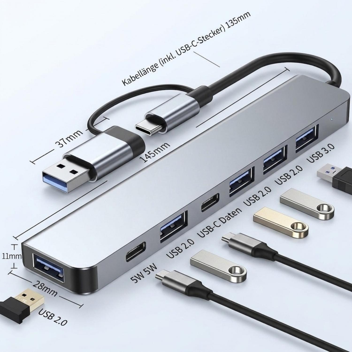 Silberner USB-C-Hub mit mehreren Anschlüssen, inkl. USB-A und USB-C.