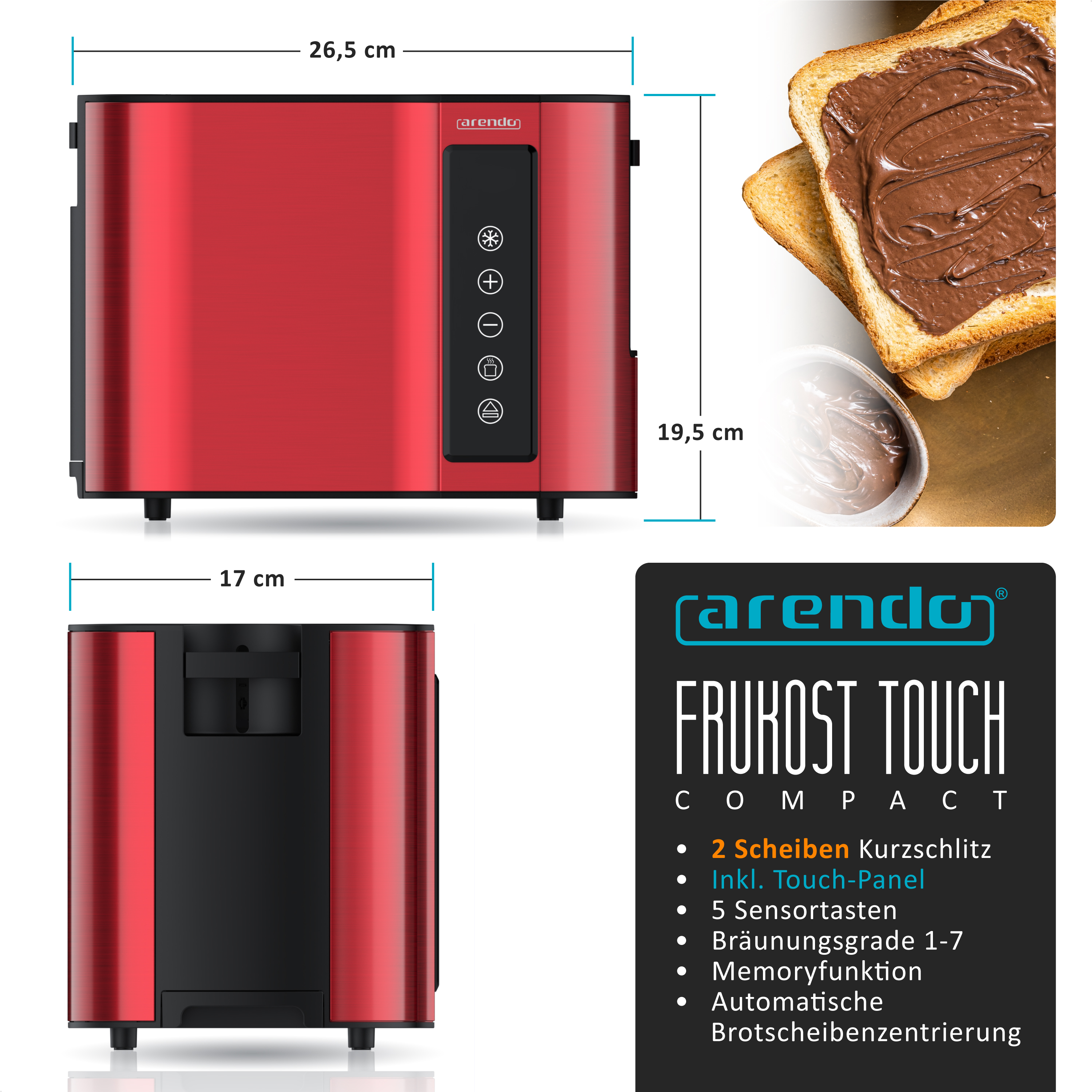 Ein roter Toaster mit Touch-Bedienfeld und Toastbrot mit Schokoladencreme.