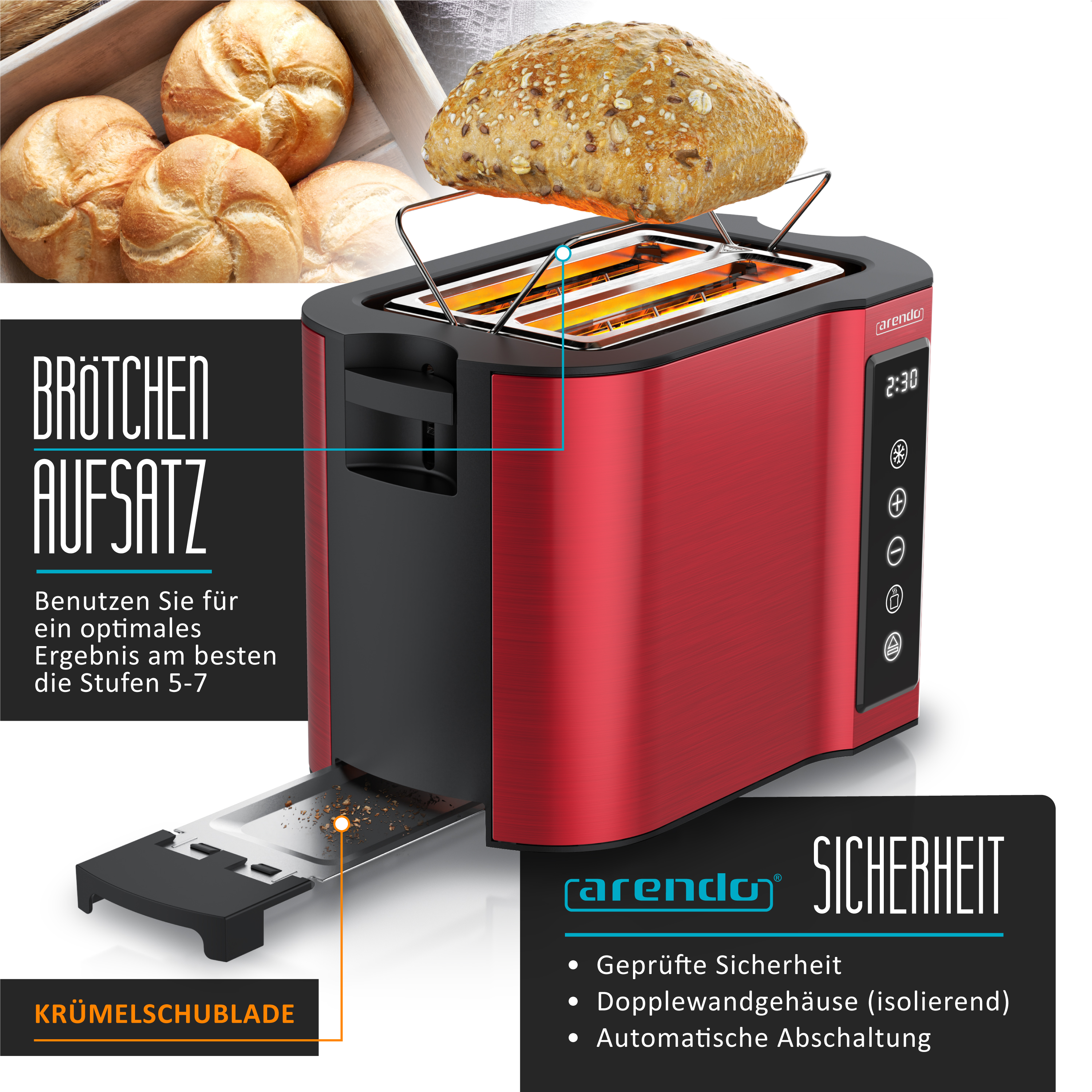 Ein roter Toaster mit Brötchenaufsatz und Brot. Krümelschublade unten.