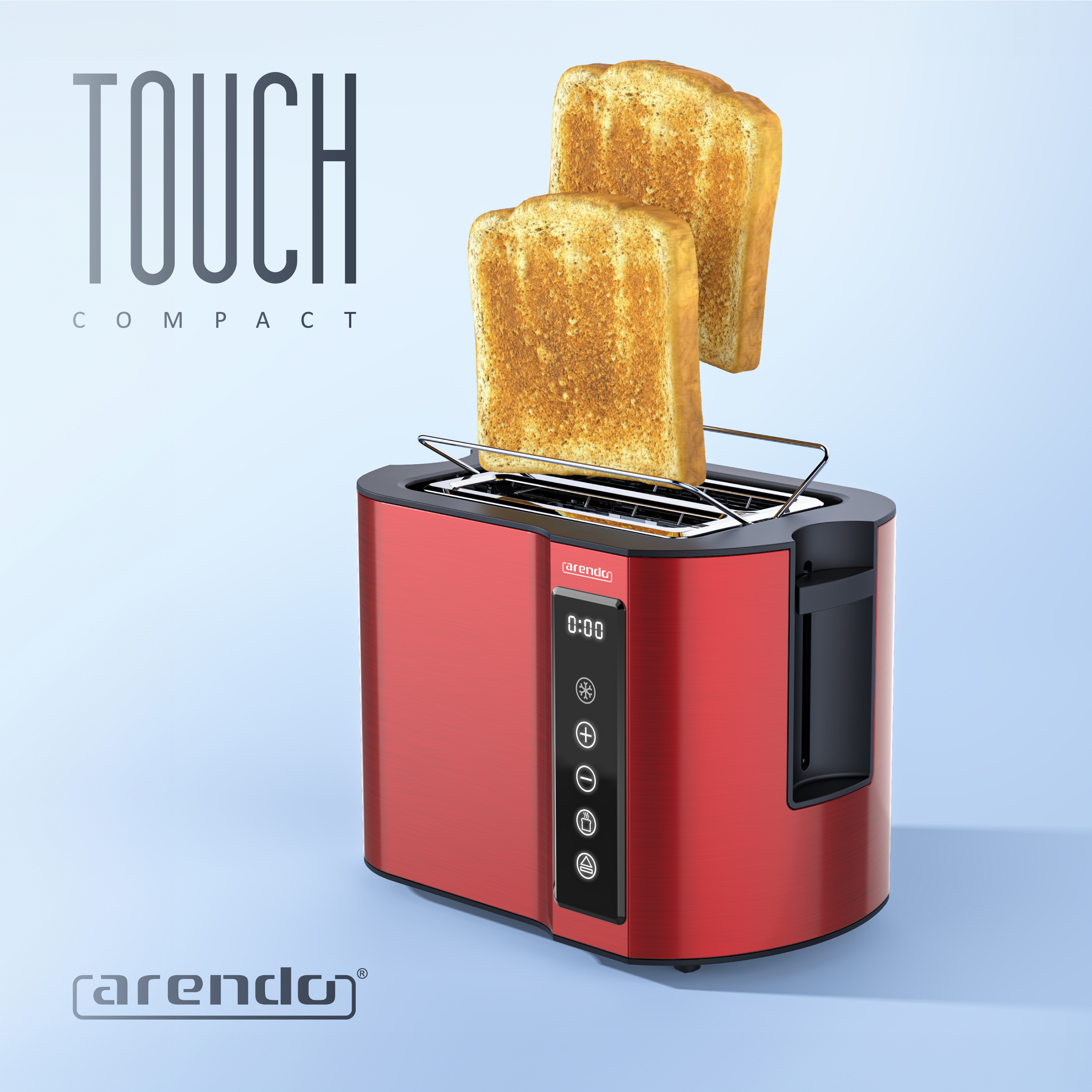 Roter Toaster mit zwei Scheiben Toast, digitaler Anzeige und Touch-Bedienelementen.
