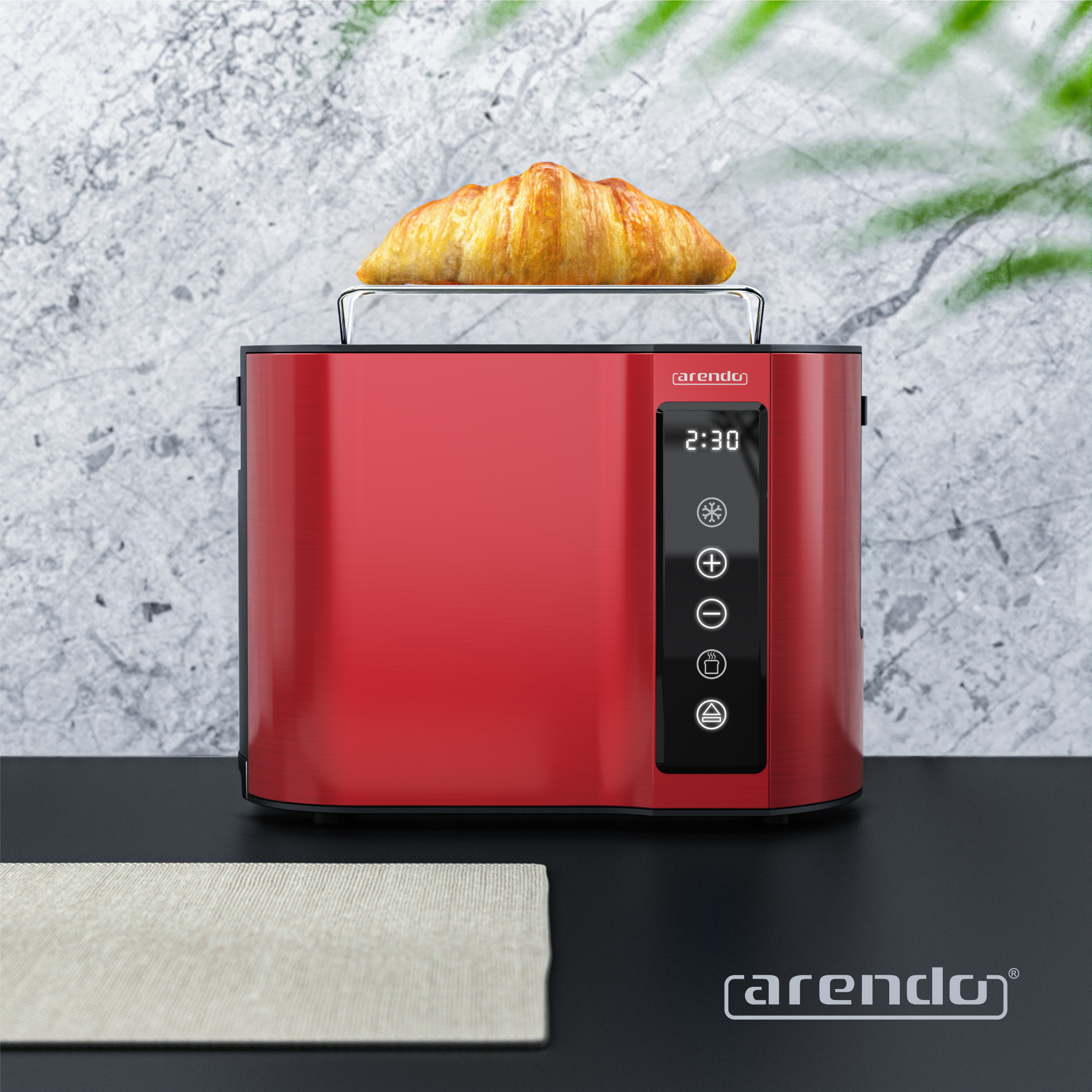 Ein roter Toaster mit einem Croissant darauf, digitale Anzeige zeigt 2:30.
