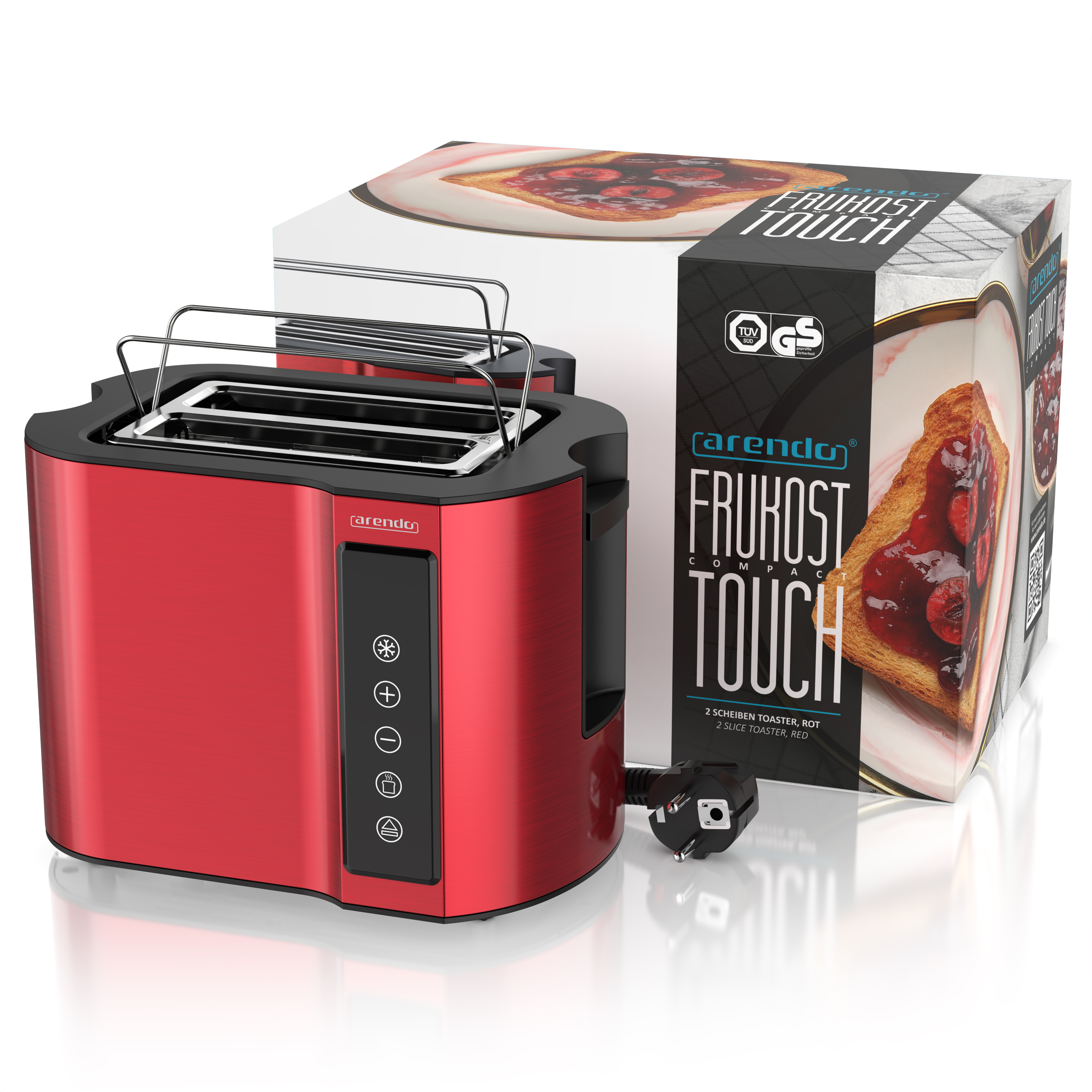 Ein roter 2-Scheiben-Toaster mit silbernem Brötchenaufsatz und Verpackung.