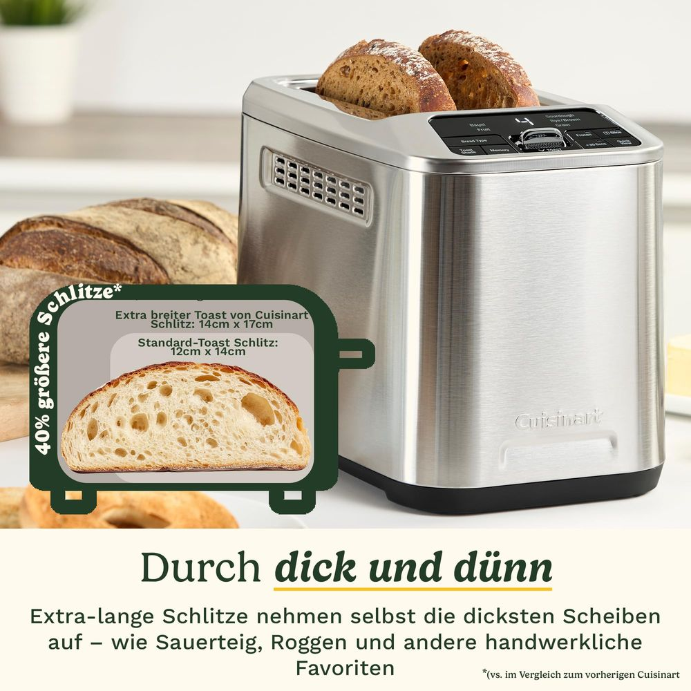 Un tostapane Cuisinart argentato con due fette di pane e un'immagine di pane.