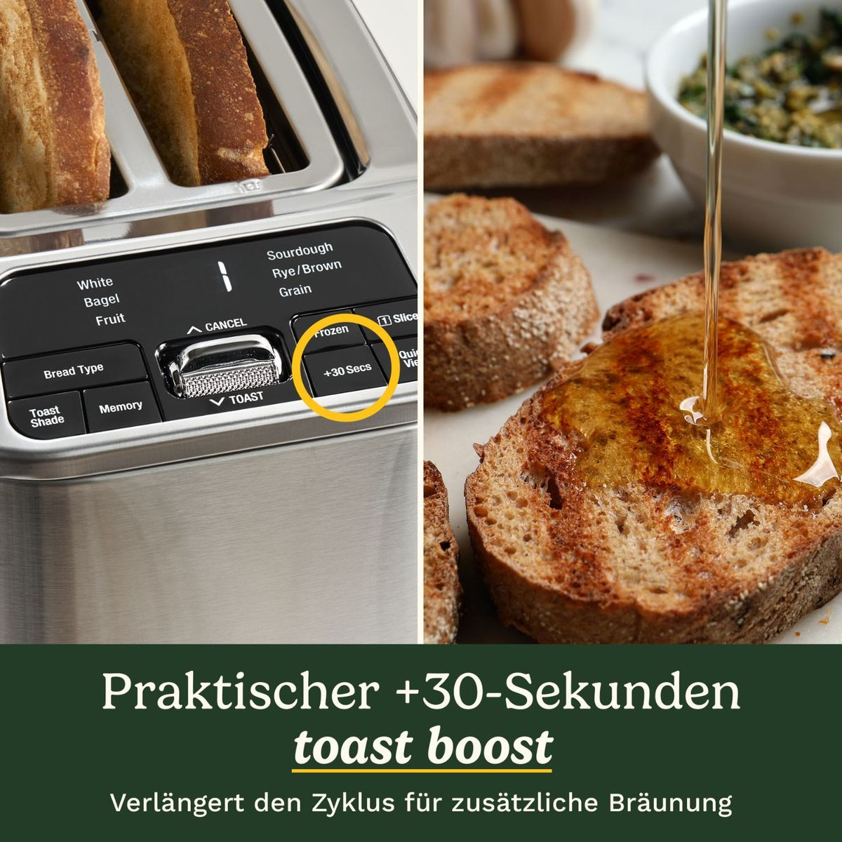 Tostapane elegante con funzione toast boost e fetta di pane dorata.