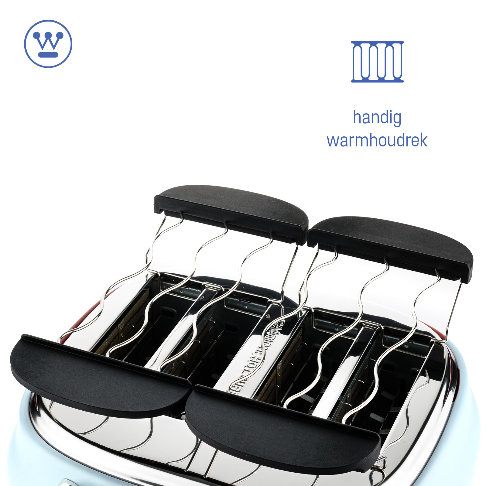 Blauer Toaster mit silbernen Hebeln und schwarzem Griff. "Handig warmhoudrek" auf Niederländisch.