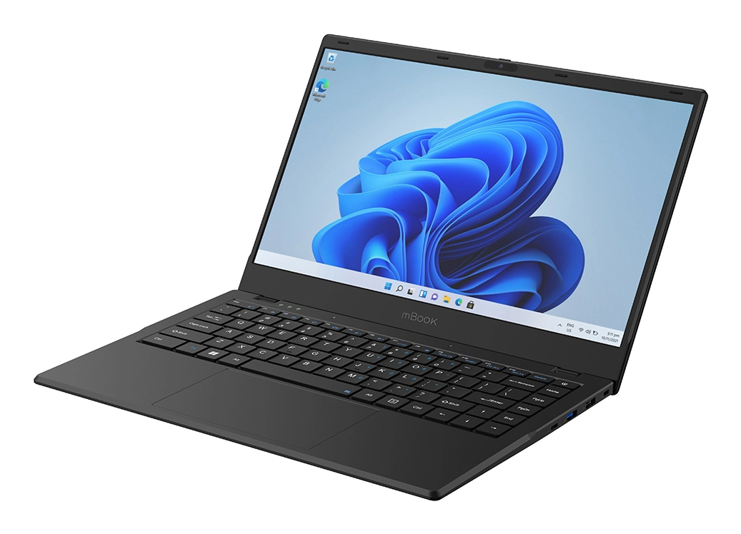 Czarny laptop z podświetlaną klawiaturą, niebieska tapeta.