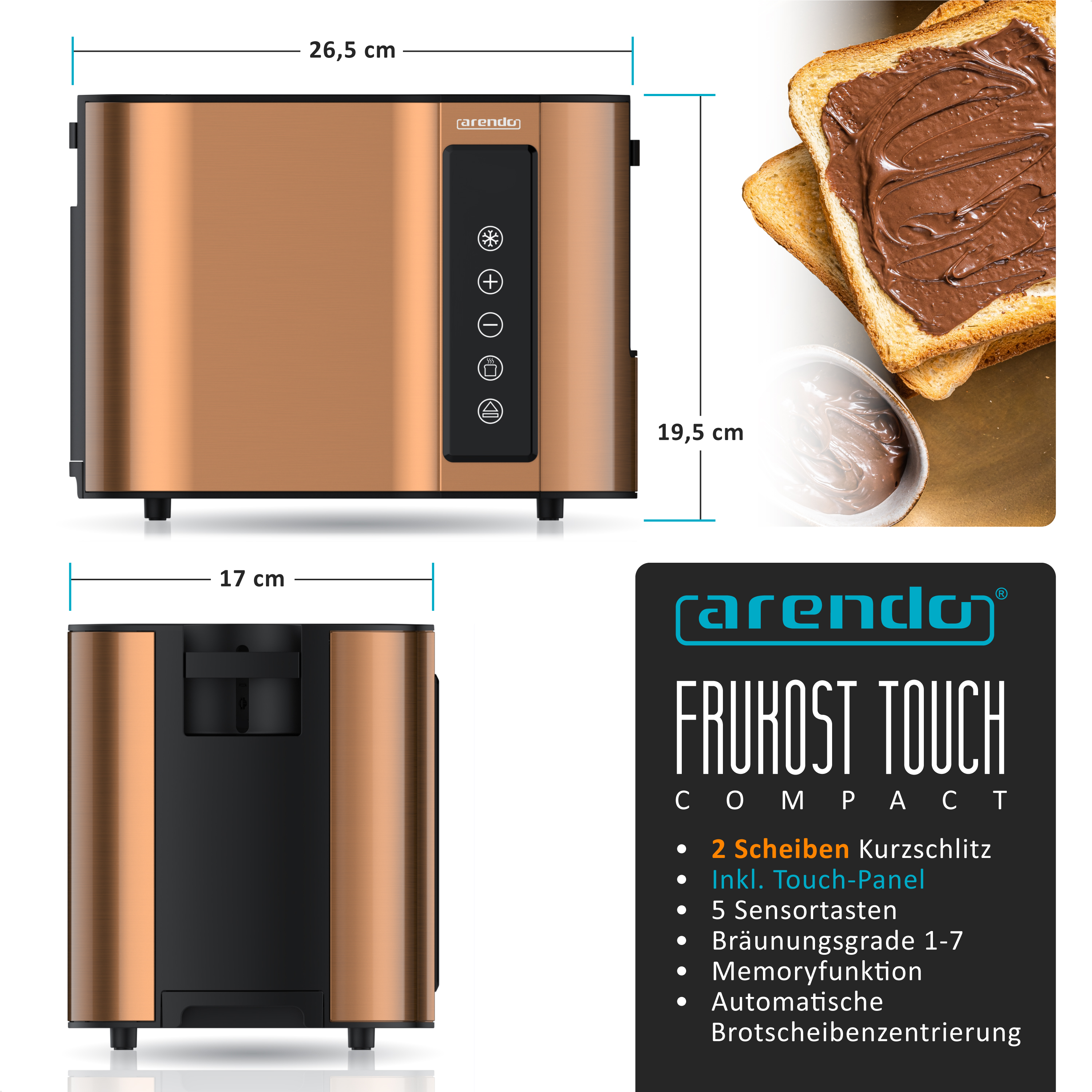 Ein kupferfarbener Toaster mit Touch-Panel und Toastscheiben mit Schokoladencreme.