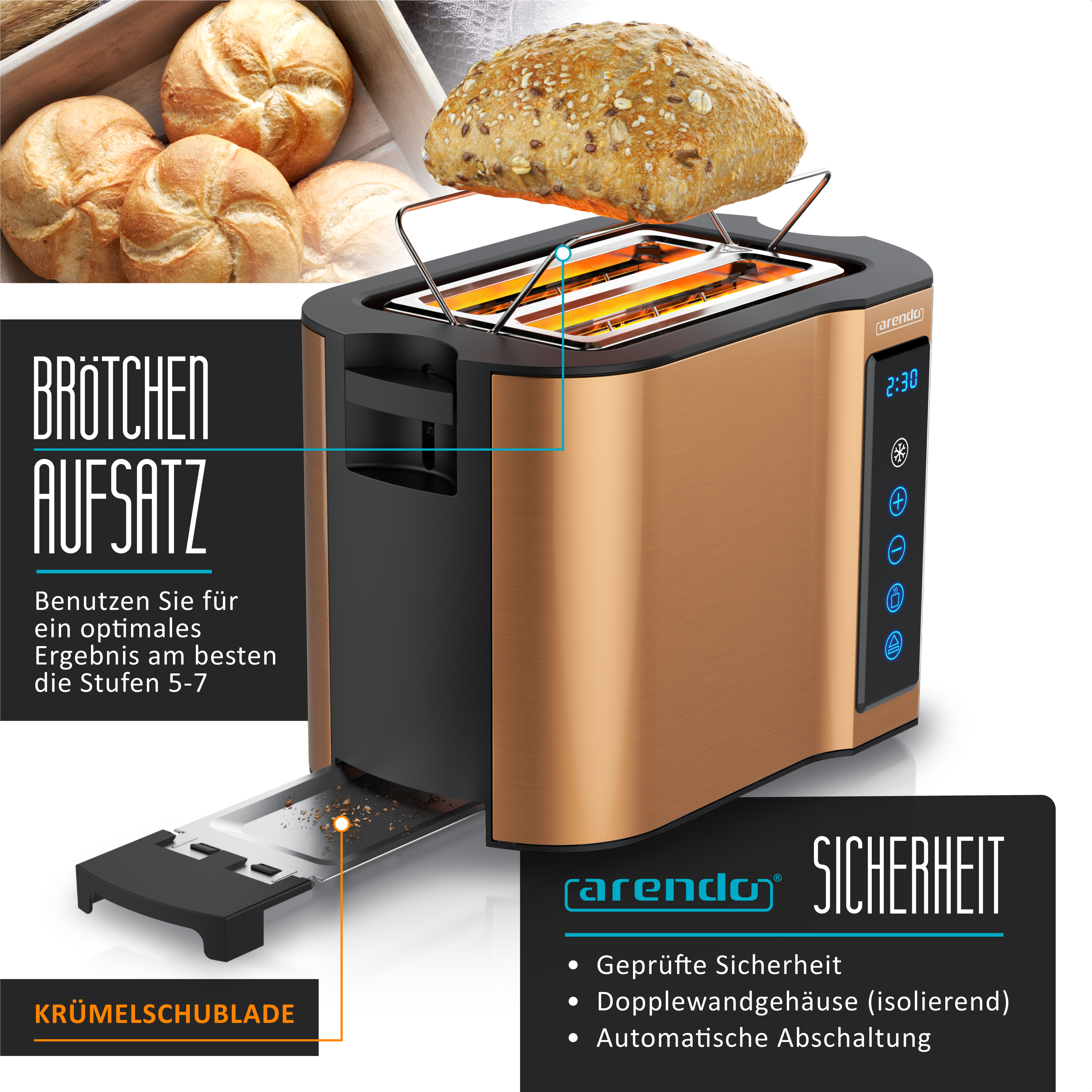 Ein moderner Toaster mit Brötchenaufsatz, Brotscheibe und Krümelschublade.