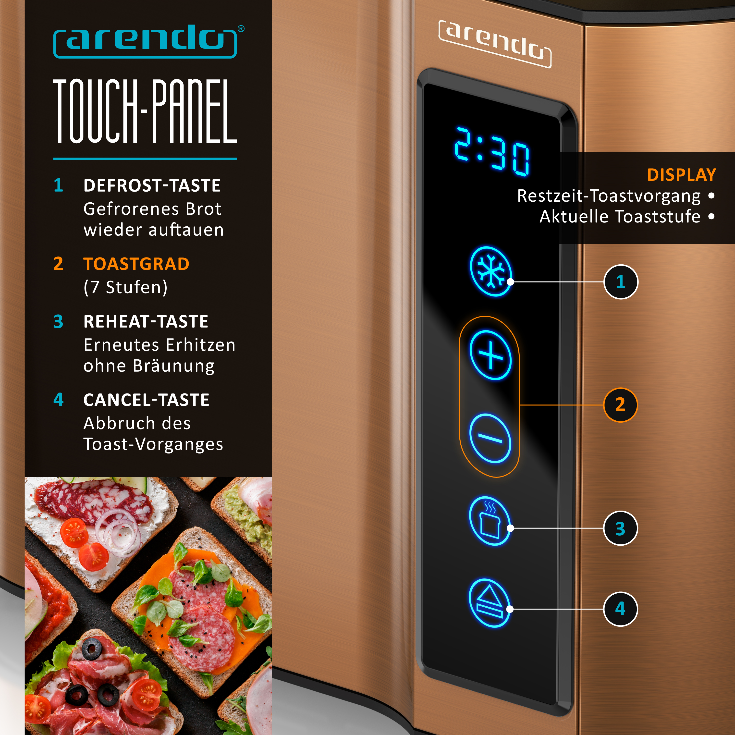 Arendo Touch-Panel mit Toast-Symbolen und Zeitangabe auf kupferfarbenem Gerät.