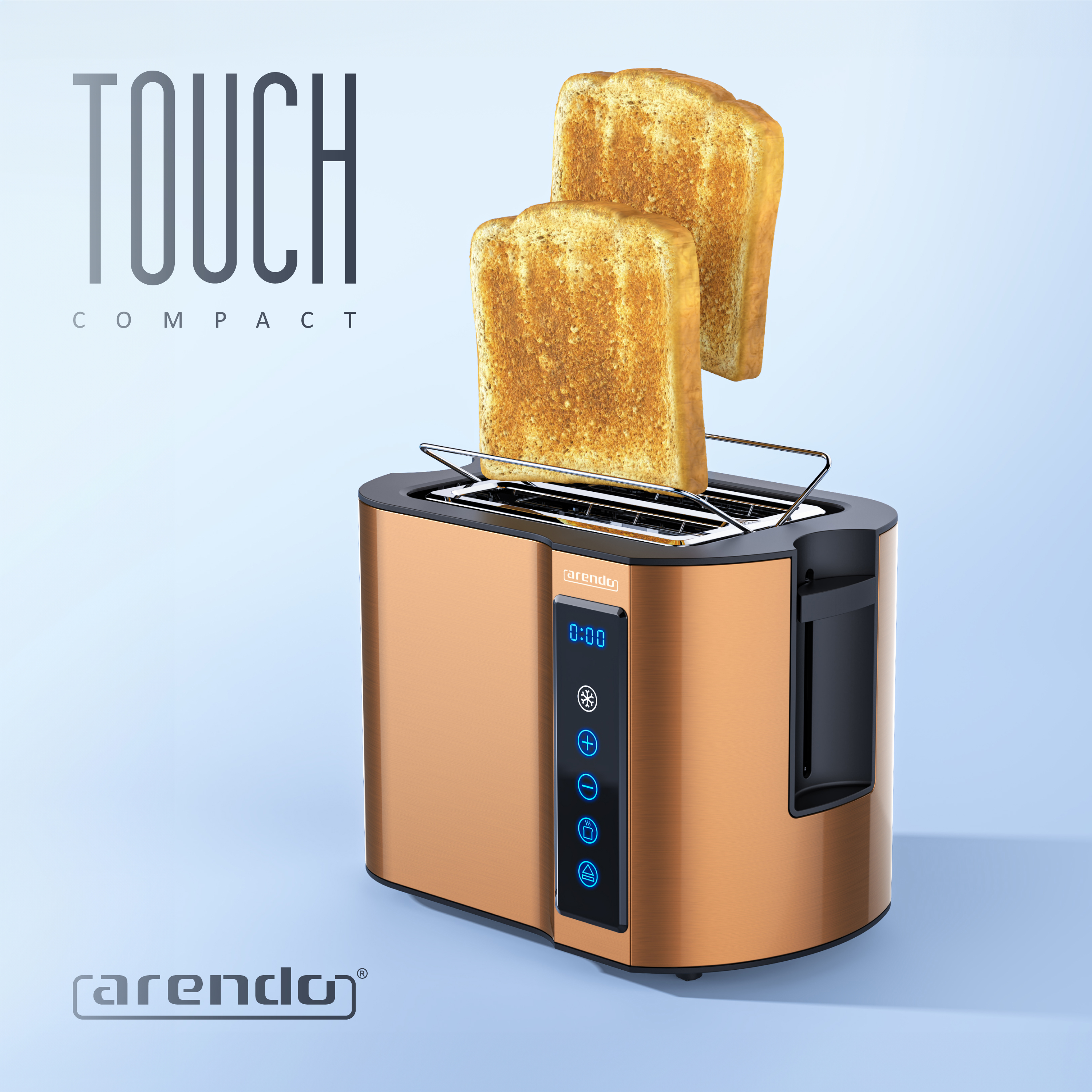 Ein kupferfarbener Toaster mit zwei perfekt gebräunten Toastscheiben.