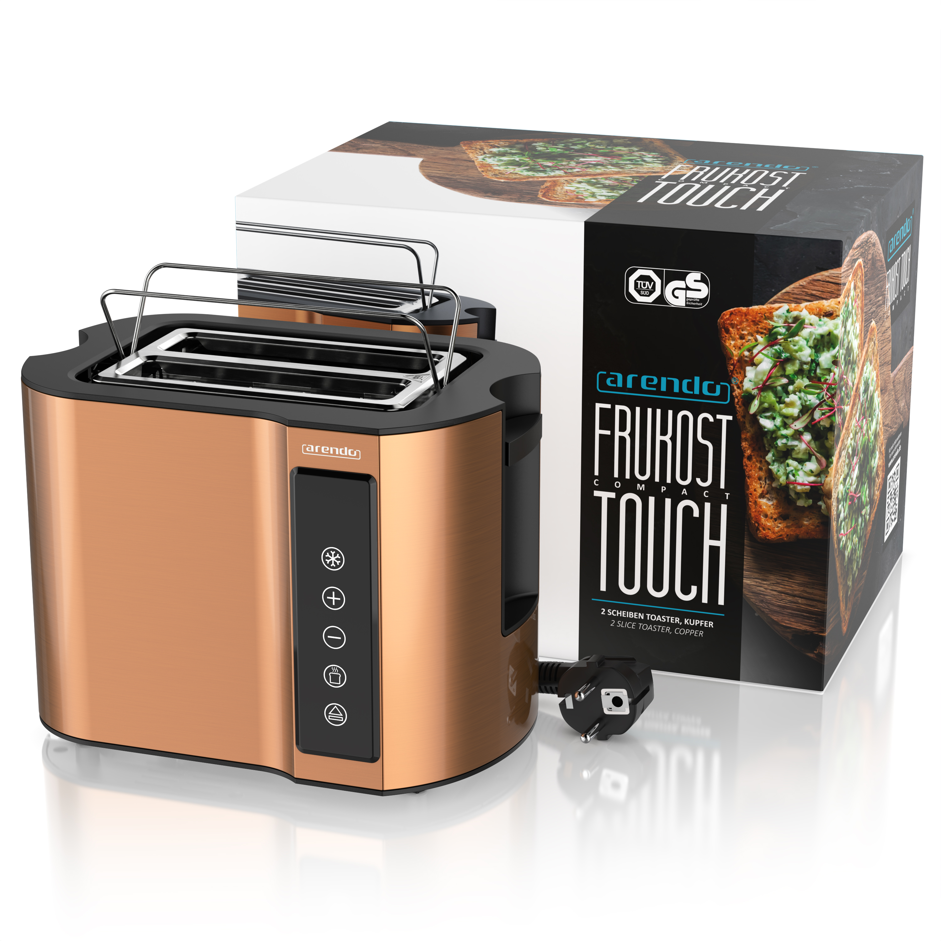 Ein kupferfarbener 2-Scheiben-Toaster mit Verpackung. Ein Toaster ist vorne.
