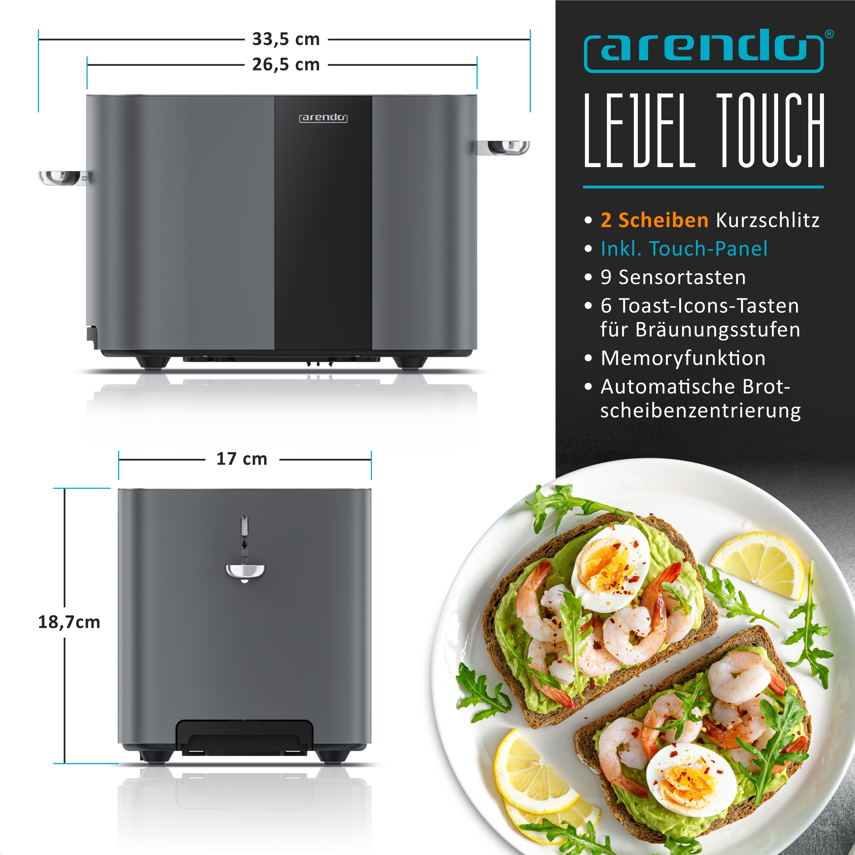 Grauer Toaster mit Maßen und Avocado-Toast mit Garnelen und Ei.