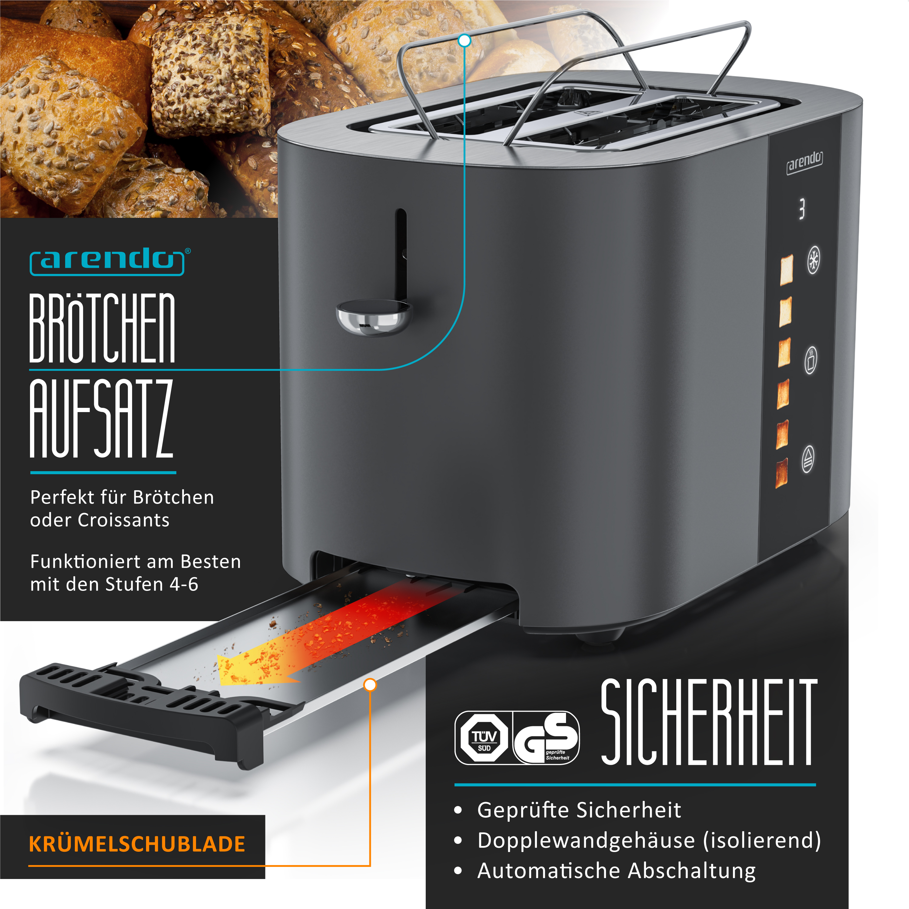 Ein grauer Toaster mit Brötchenaufsatz und Krümelschublade. Brot im Hintergrund.