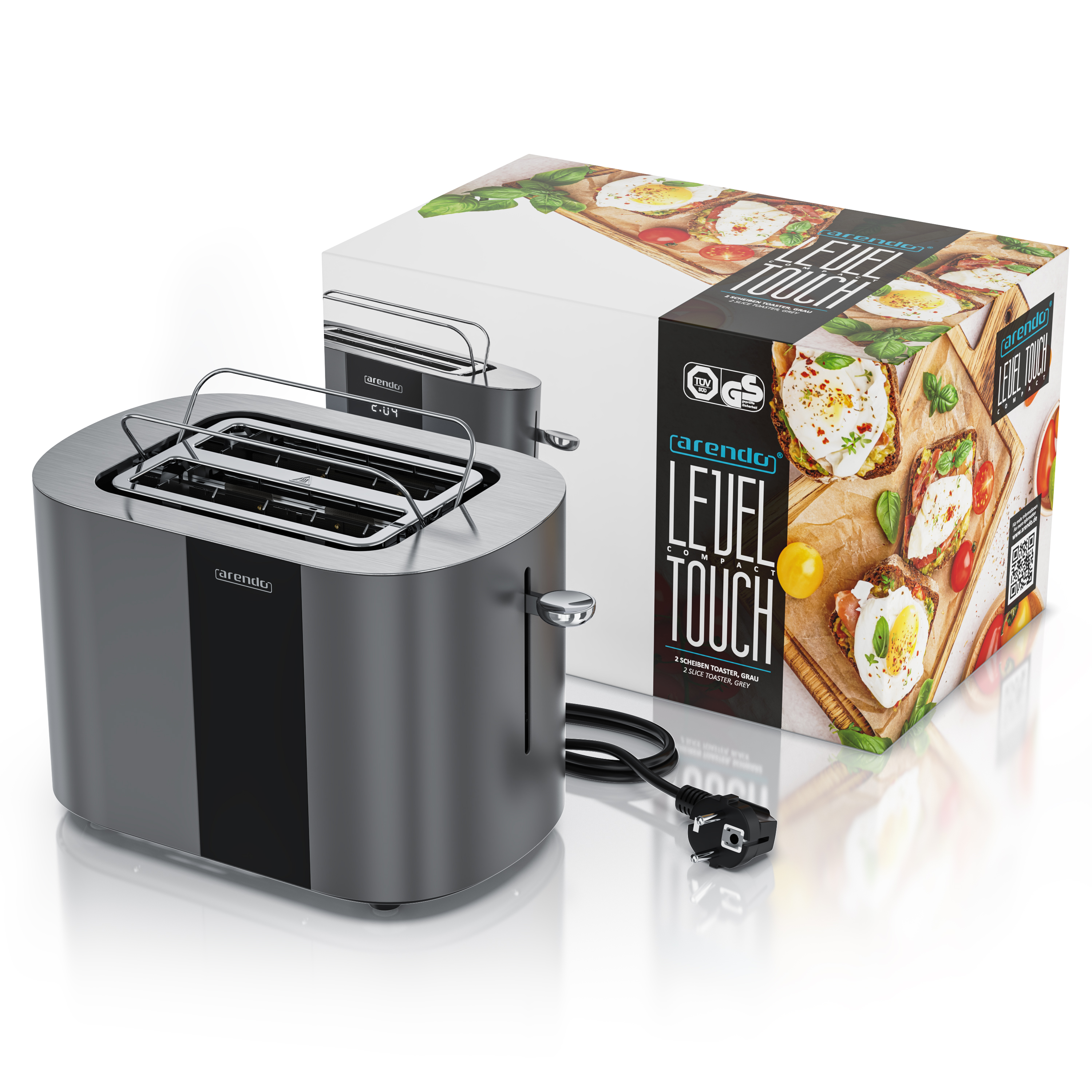 Ein grauer 2-Schlitz-Toaster von Arendo mit Verpackung, die Toast mit Ei zeigt.