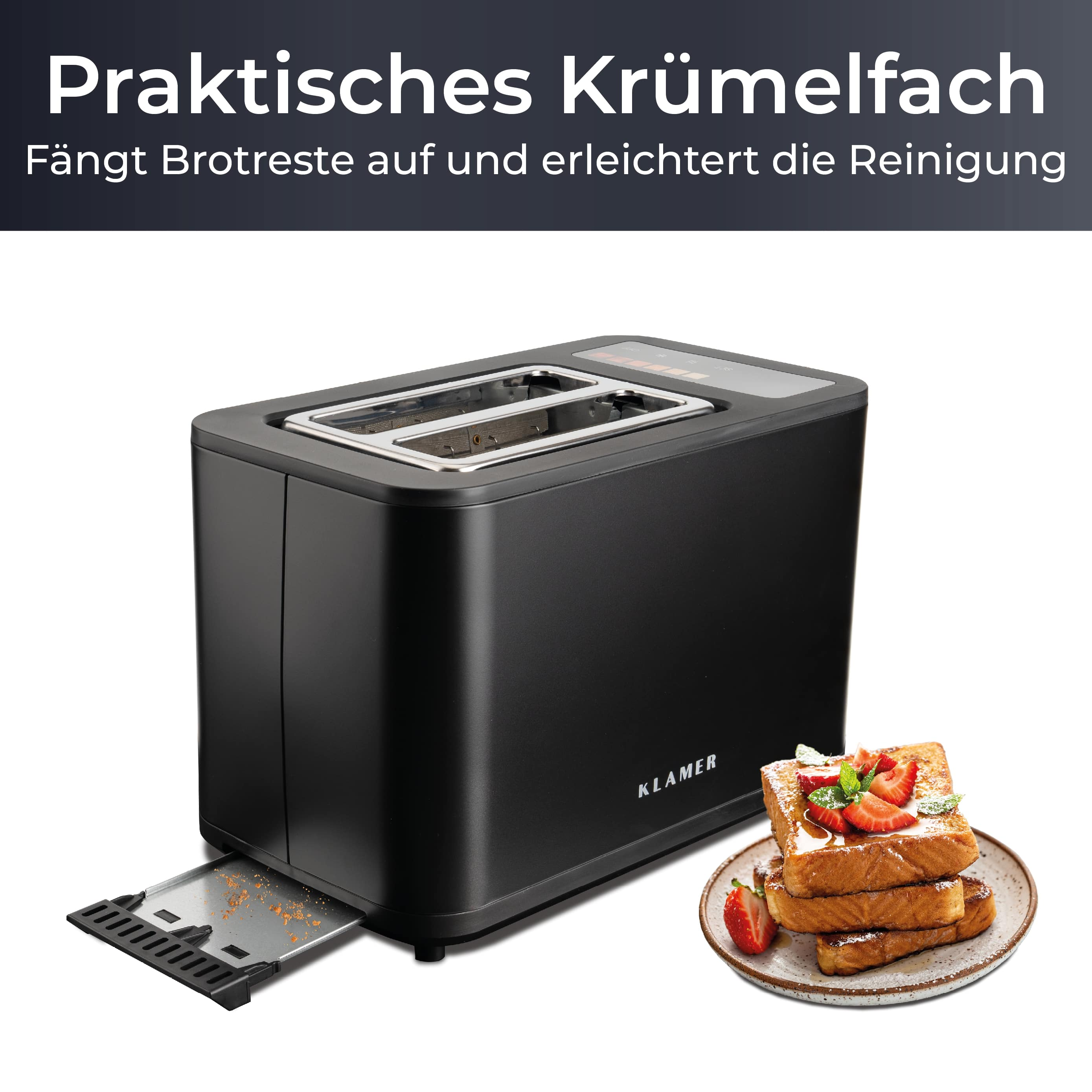 Schwarzer Toaster mit Krümelschublade und gestapeltem French Toast mit Erdbeeren.