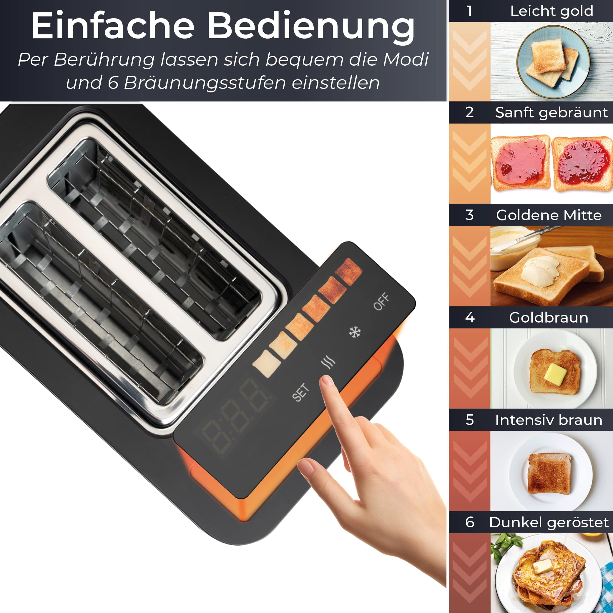Ein Toaster mit Touchscreen-Bedienfeld und 6 Bräunungsstufen.
