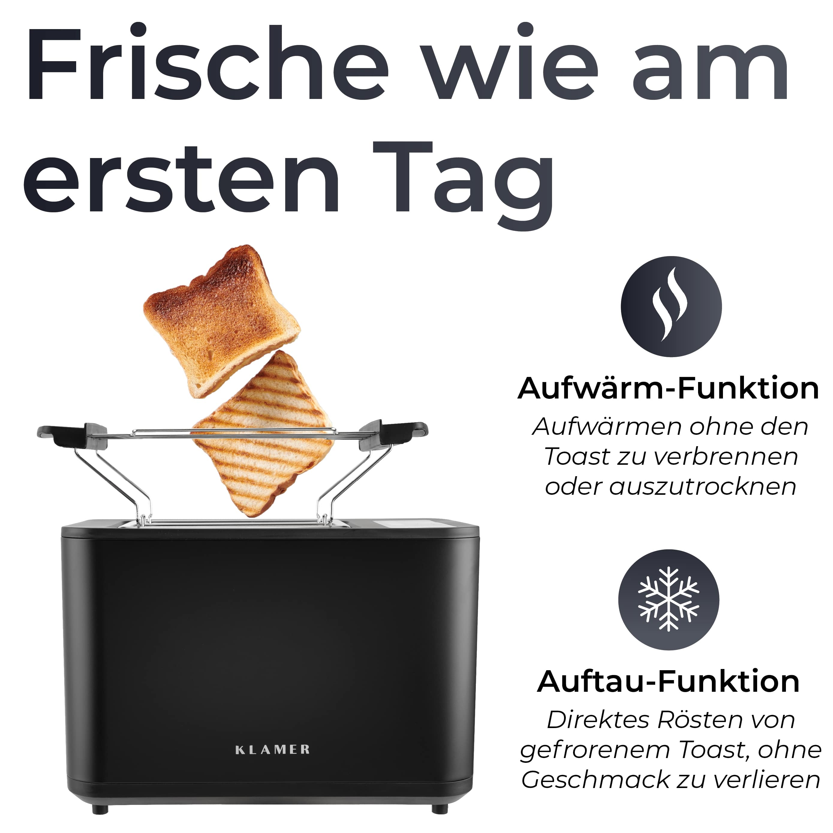 Ein schwarzer Toaster mit zwei Toasts. Daneben Anzeigen für Aufwärm- und Auftaufunktion.