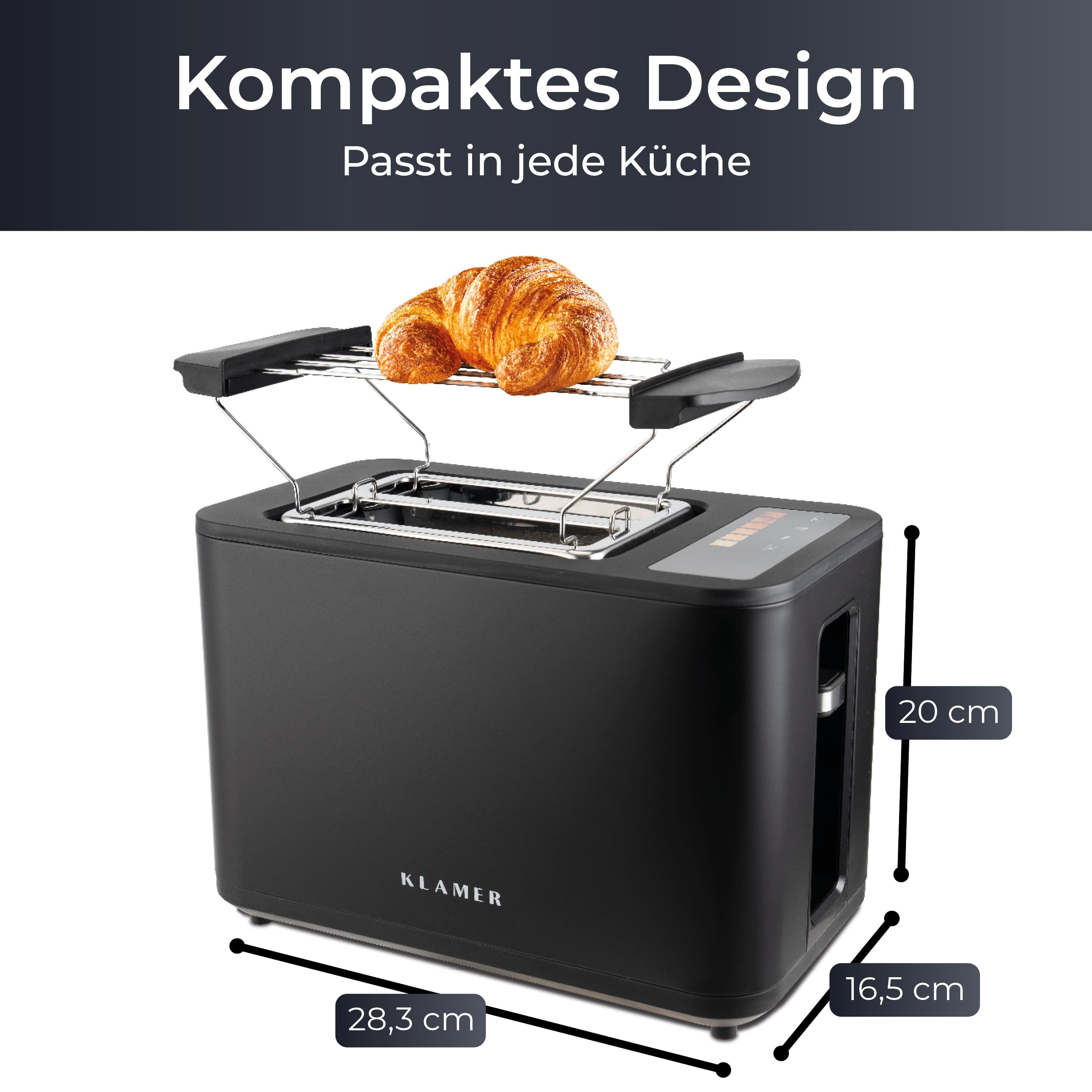 Schwarzer Toaster mit einem Croissant auf dem Rost und Maßangaben.