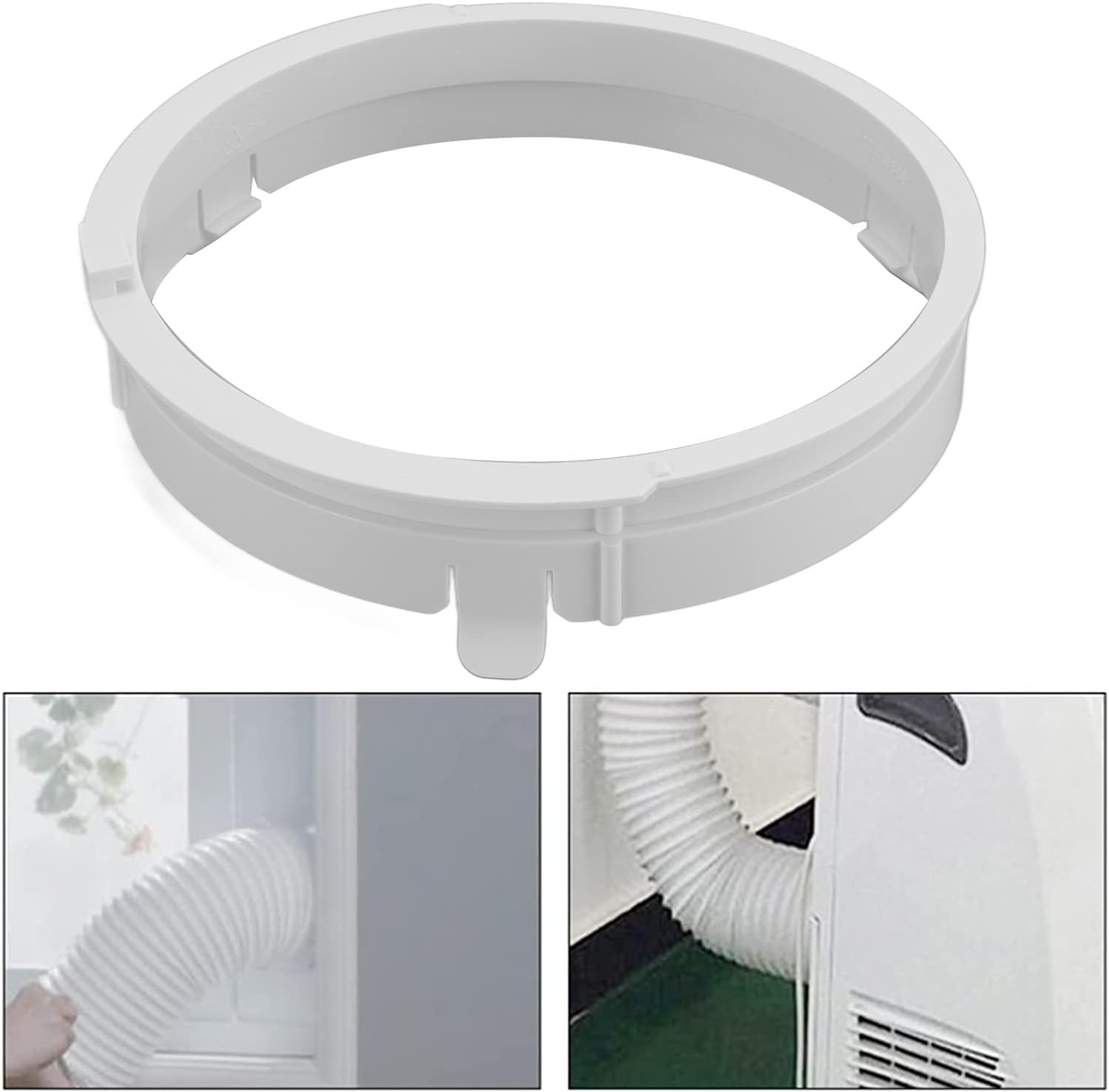 Weißer Adapterring mit flexibler Schlauchverbindung für Klimaanlage.
