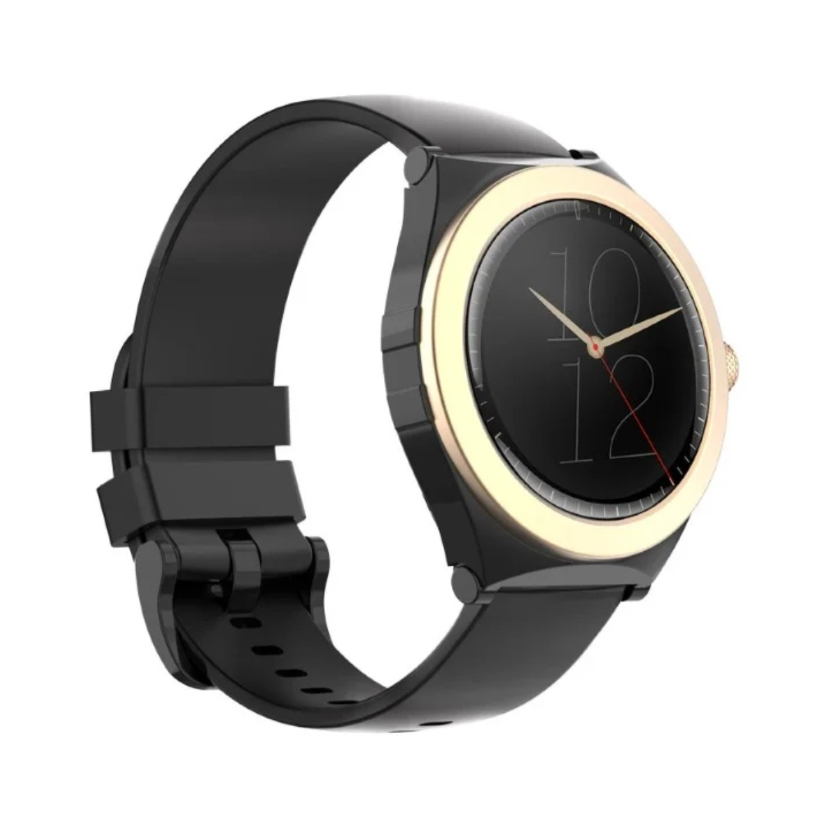 Czarny smartwatch ze złotą ramką i czarnym paskiem na białym tle.