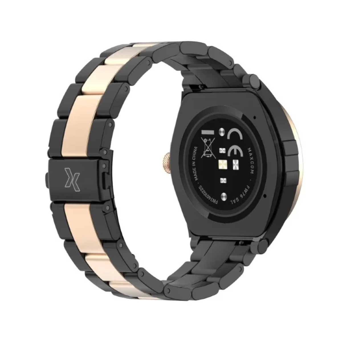 Czarna bransoleta smartwatch ze złotymi akcentami, widok z tyłu.