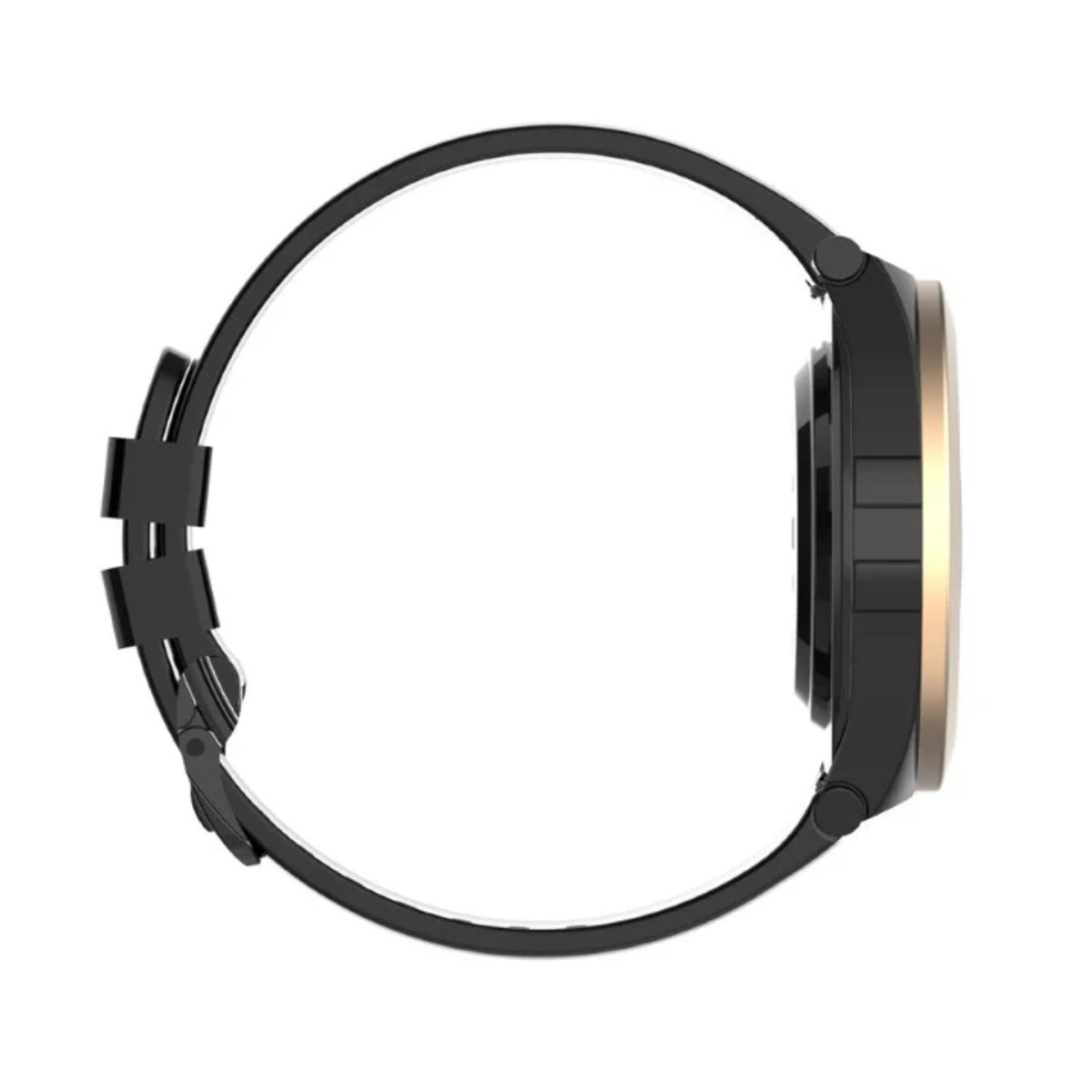 Czarny pasek smartwatch ze złotą kopertą i czarnym wyświetlaczem.