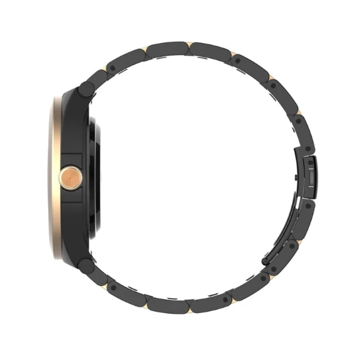 Czarny smartwatch ze złotym przyciskiem i bransoletą z ogniw.