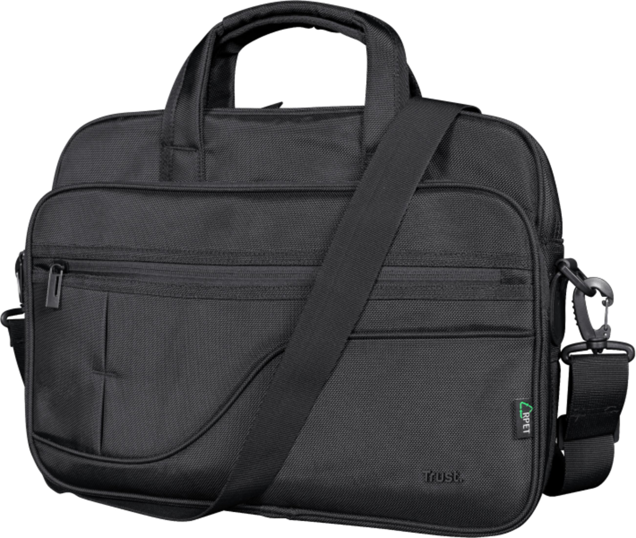 Una borsa nera per laptop con manico e tracolla.