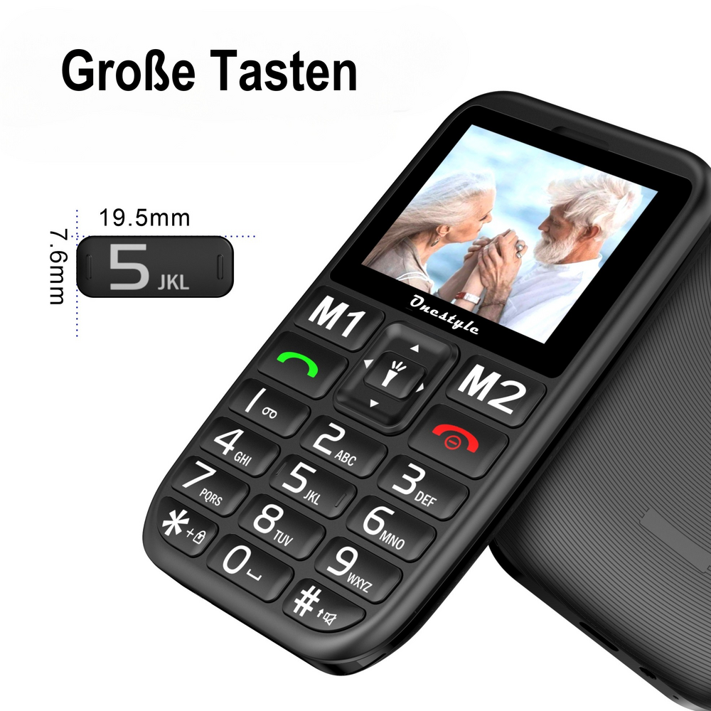 Ein schwarzes Seniorenhandy mit großen Tasten und einem Bild von einem älteren Paar.