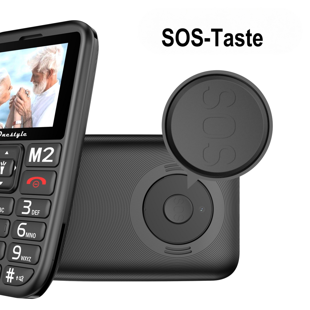 Ein schwarzes Seniorenhandy mit SOS-Taste und Bild von einem älteren Paar.