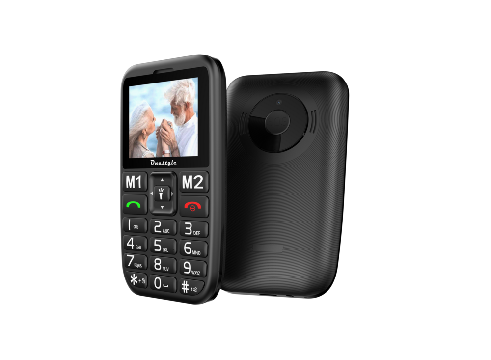 Ein schwarzes Handy mit einem Bild eines älteren Paares auf dem Bildschirm und einer Kamera auf der Rückseite.