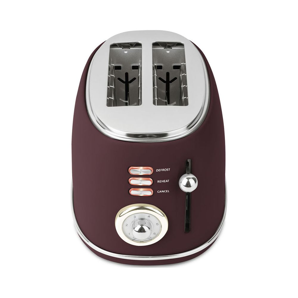 Un tostapane color bordeaux a due fessure con dettagli cromati.