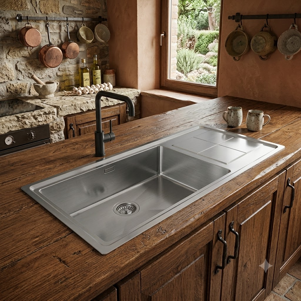 Cucina rustica con lavello in acciaio inox, piano di lavoro in legno e parete in pietra.