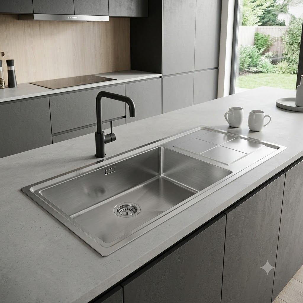 Cucina moderna con lavello, rubinetto e due tazze sul piano di lavoro.